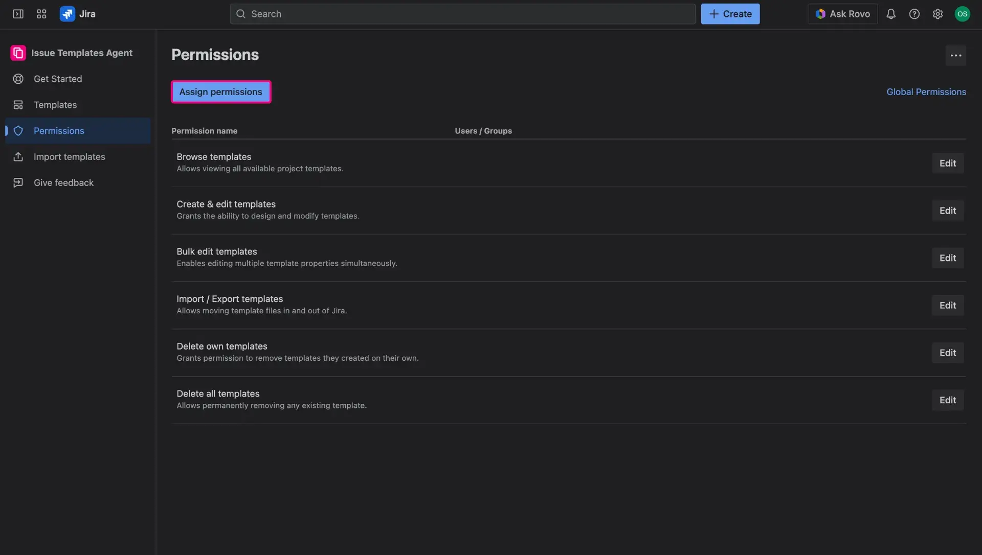 Permissions page in Jira Issue Templates Agent - Assign permissions button highlighted, above the list of Permissions.