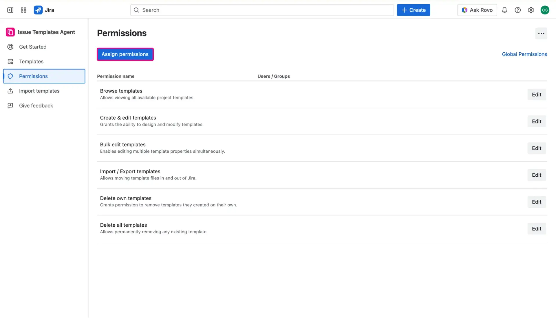Permissions page in Jira Issue Templates Agent - Assign permissions button highlighted, above the list of Permissions.