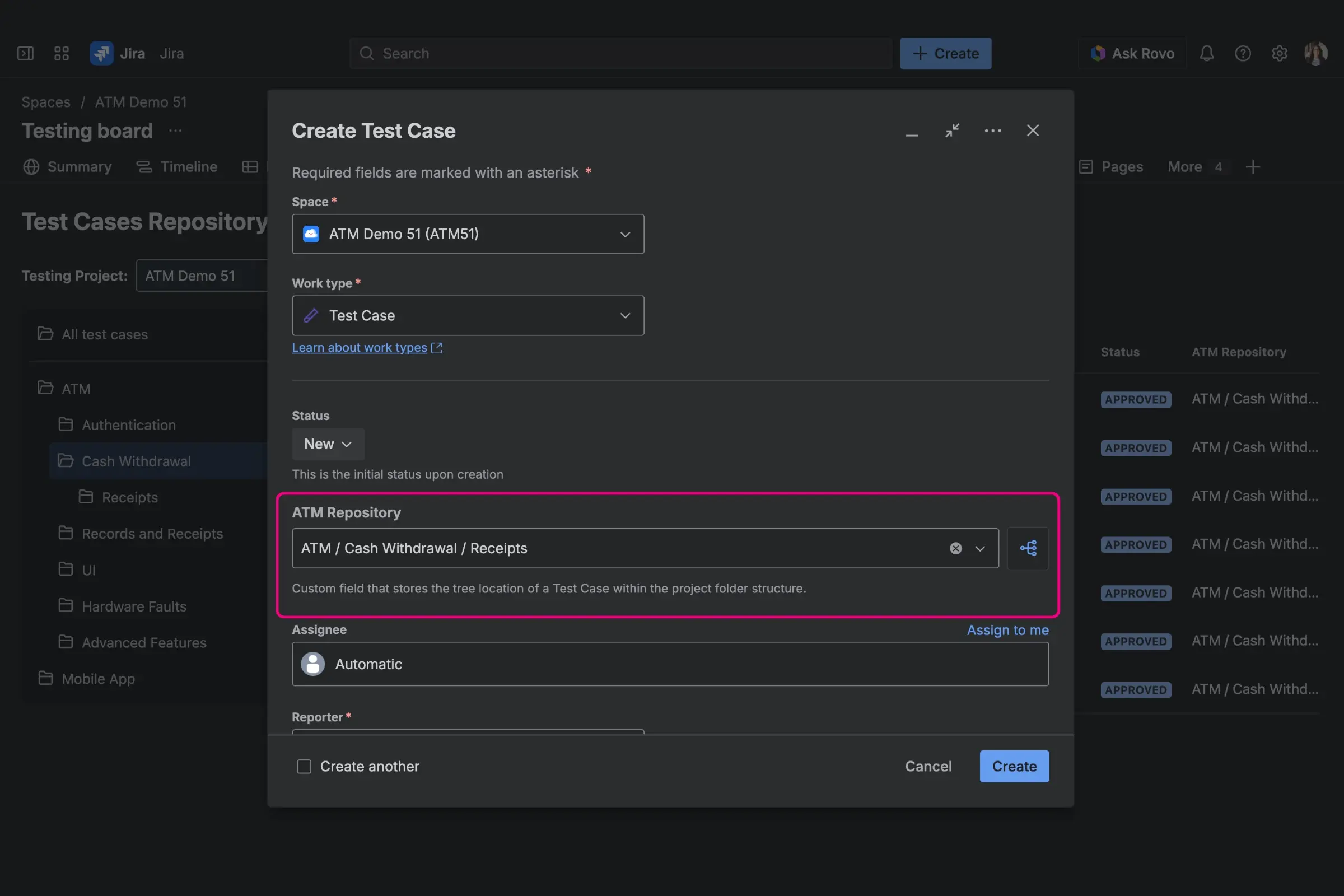 Creating a new Test Case and selecting its folder path using the ATM Repository custom field.