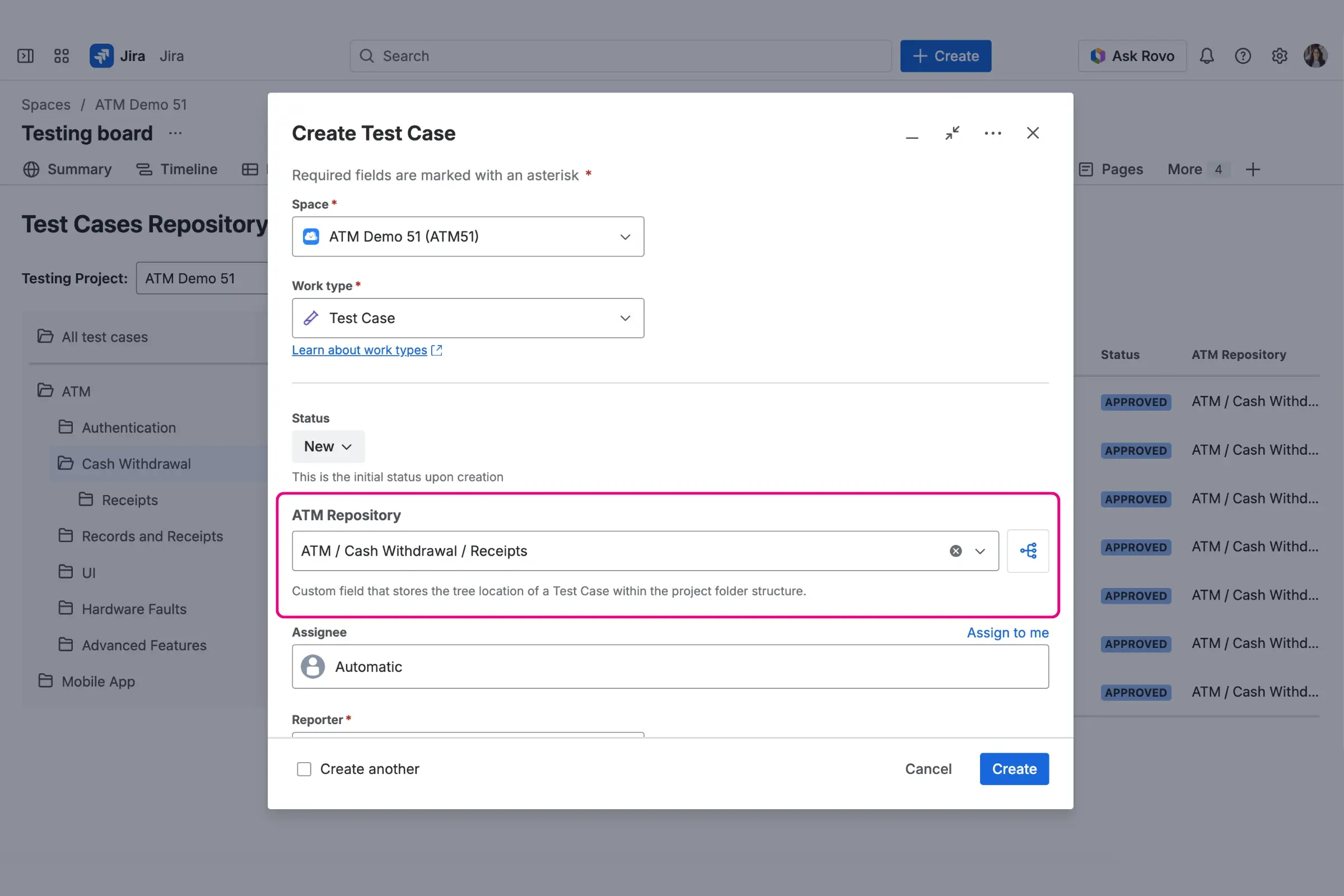 Creating a new Test Case and selecting its folder path using the ATM Repository custom field.