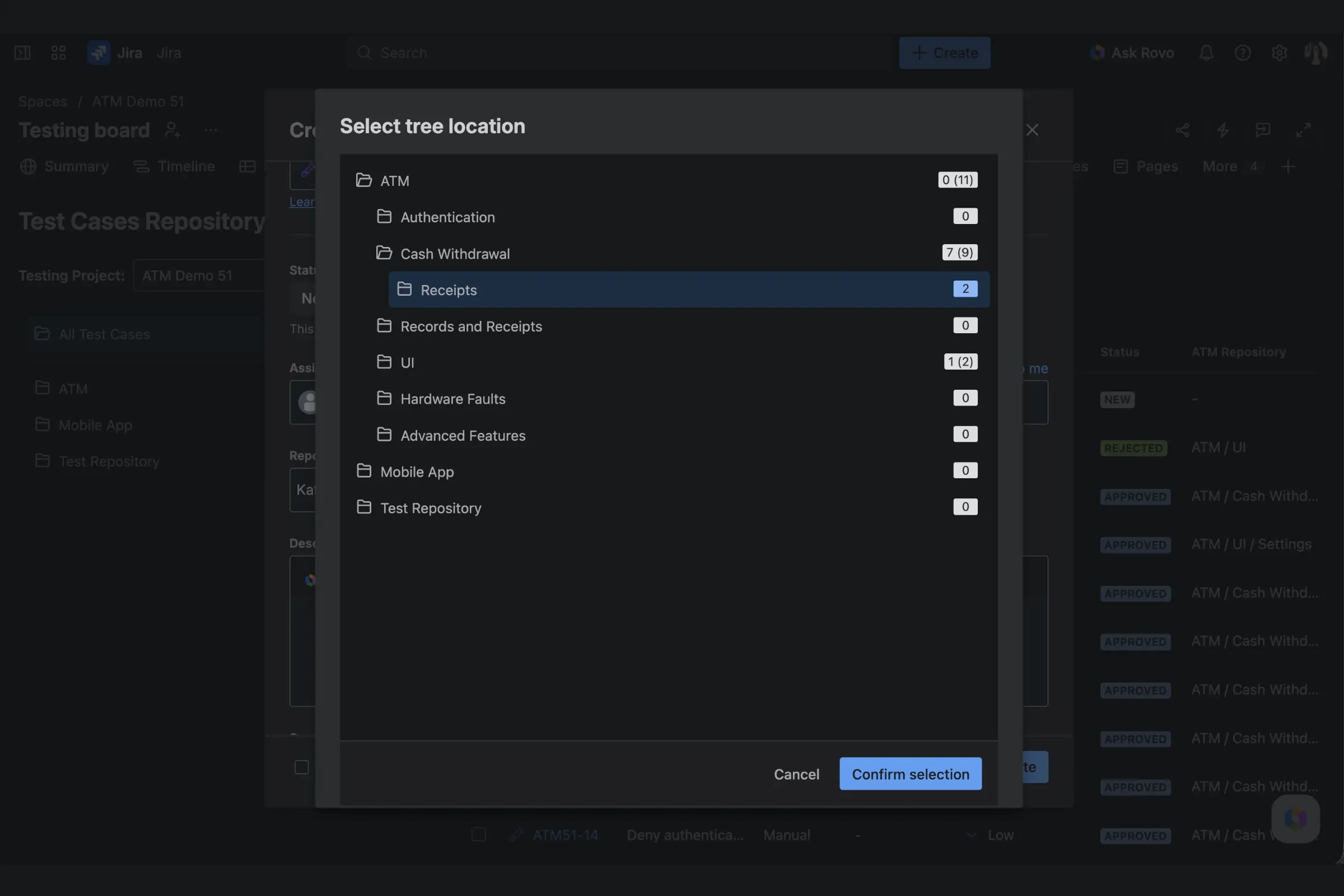 Creating a new Test Case and selecting its folder path using the tree location dialog.