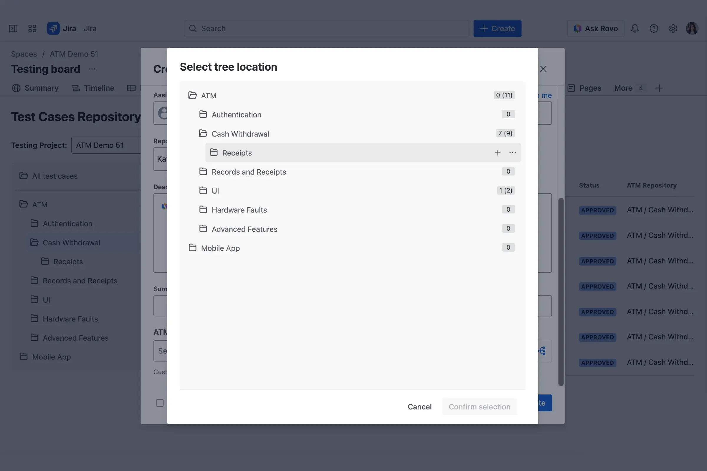 Creating a new Test Case and selecting its folder path using the tree location dialog.