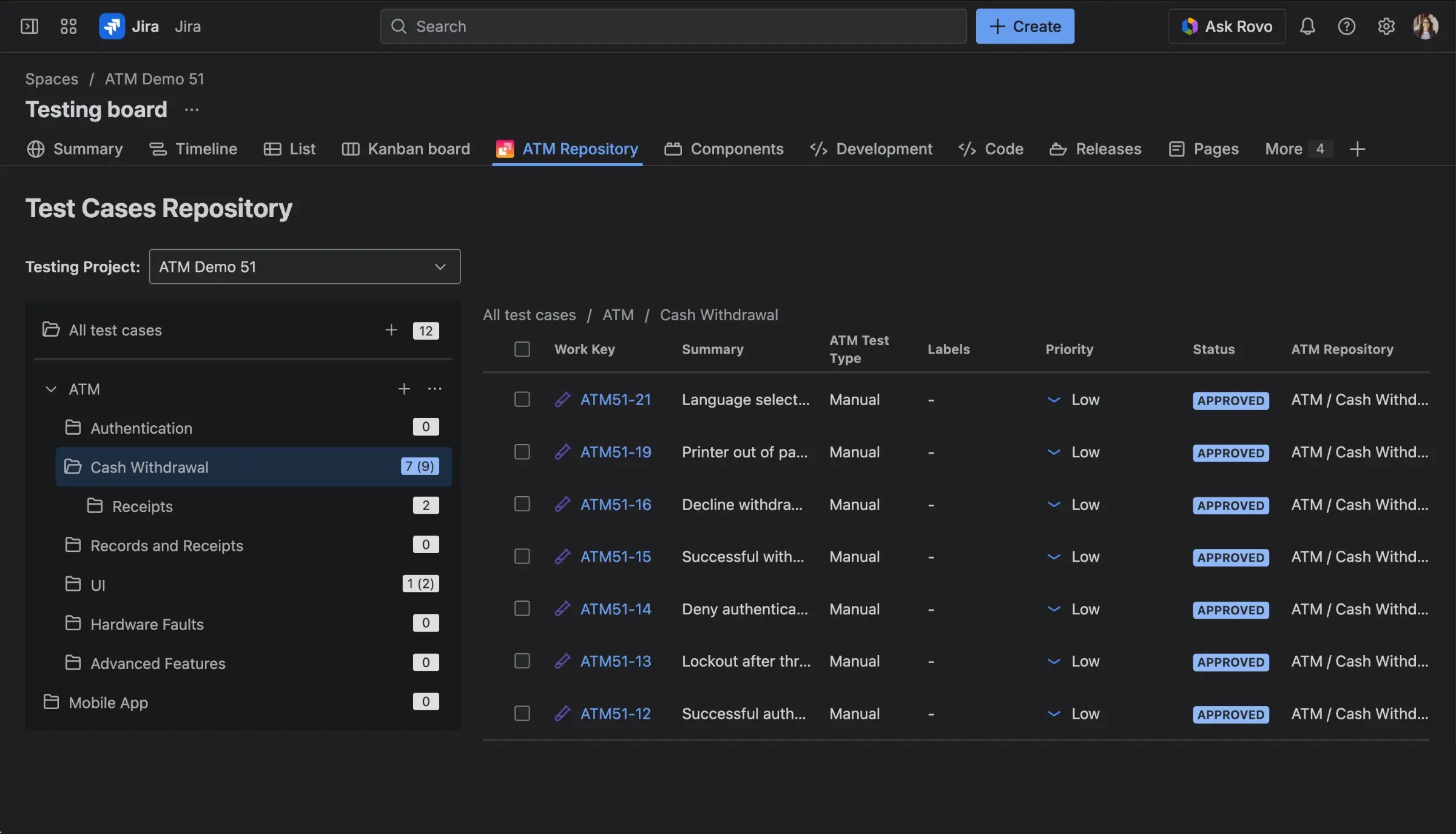 The ATM Repository view showing the folder tree on the left and a table of Test Cases on the right.