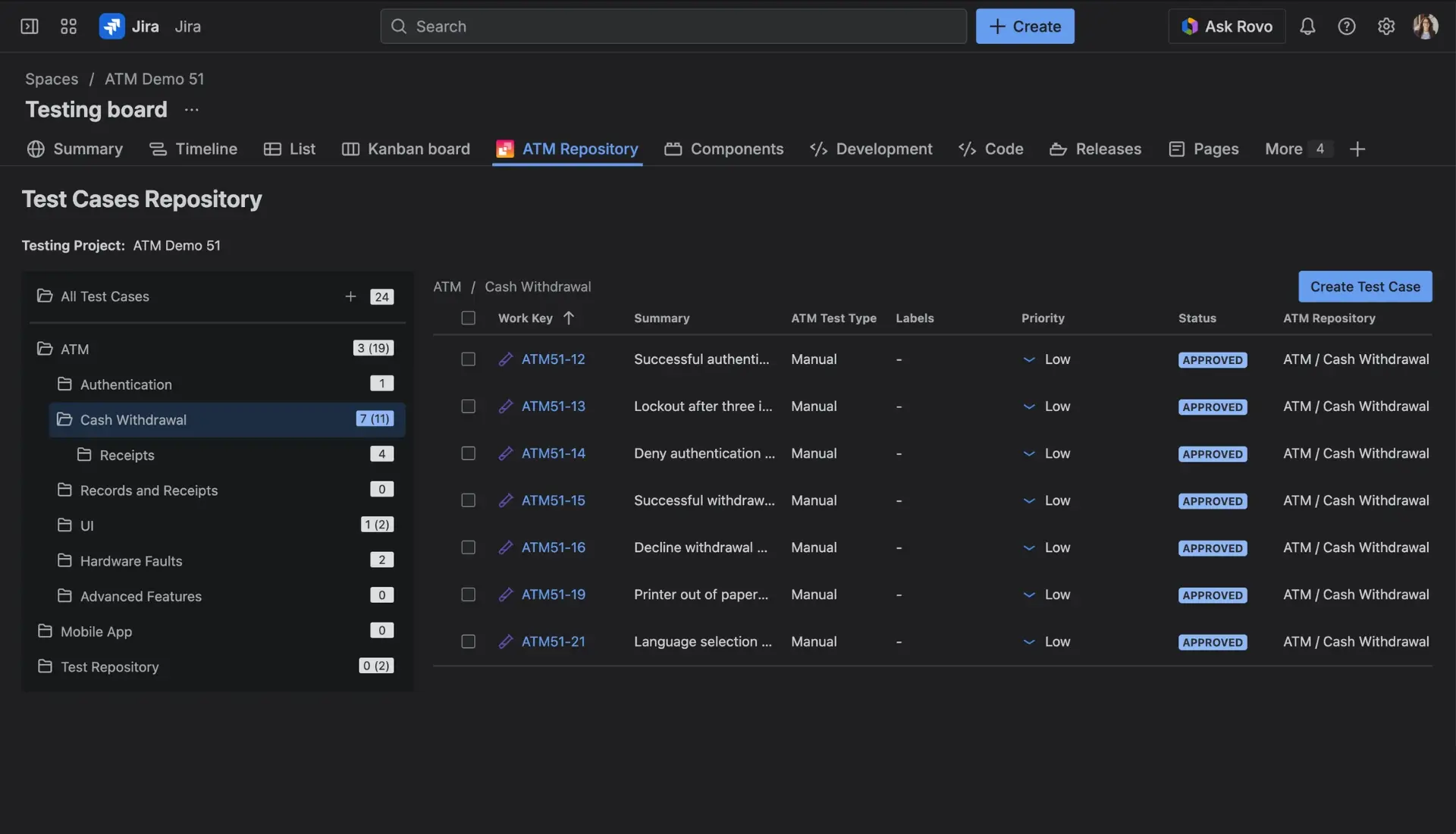The ATM Repository view showing the folder tree on the left and a table of Test Cases on the right.
