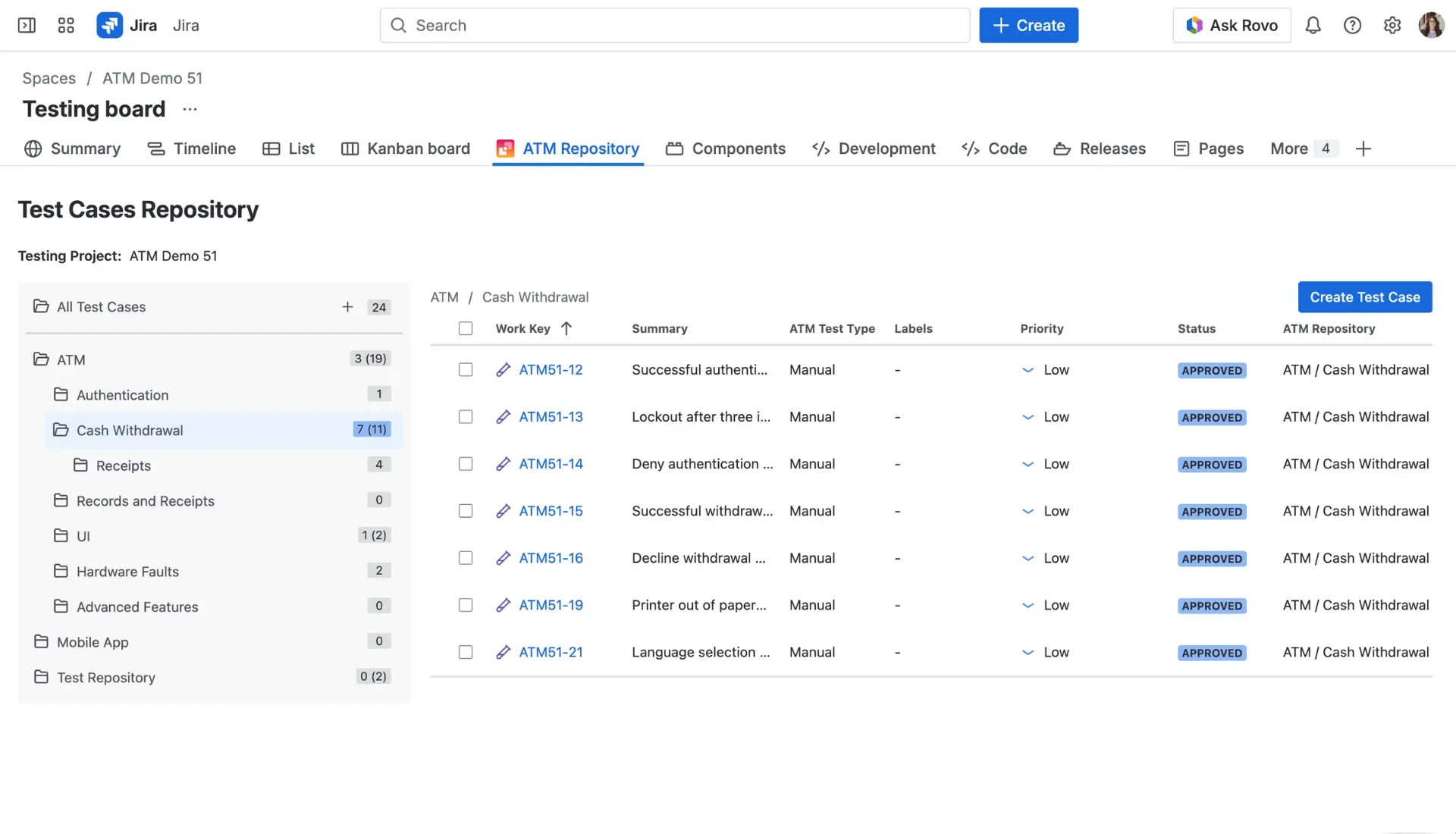 The ATM Repository view showing the folder tree on the left and a table of Test Cases on the right.