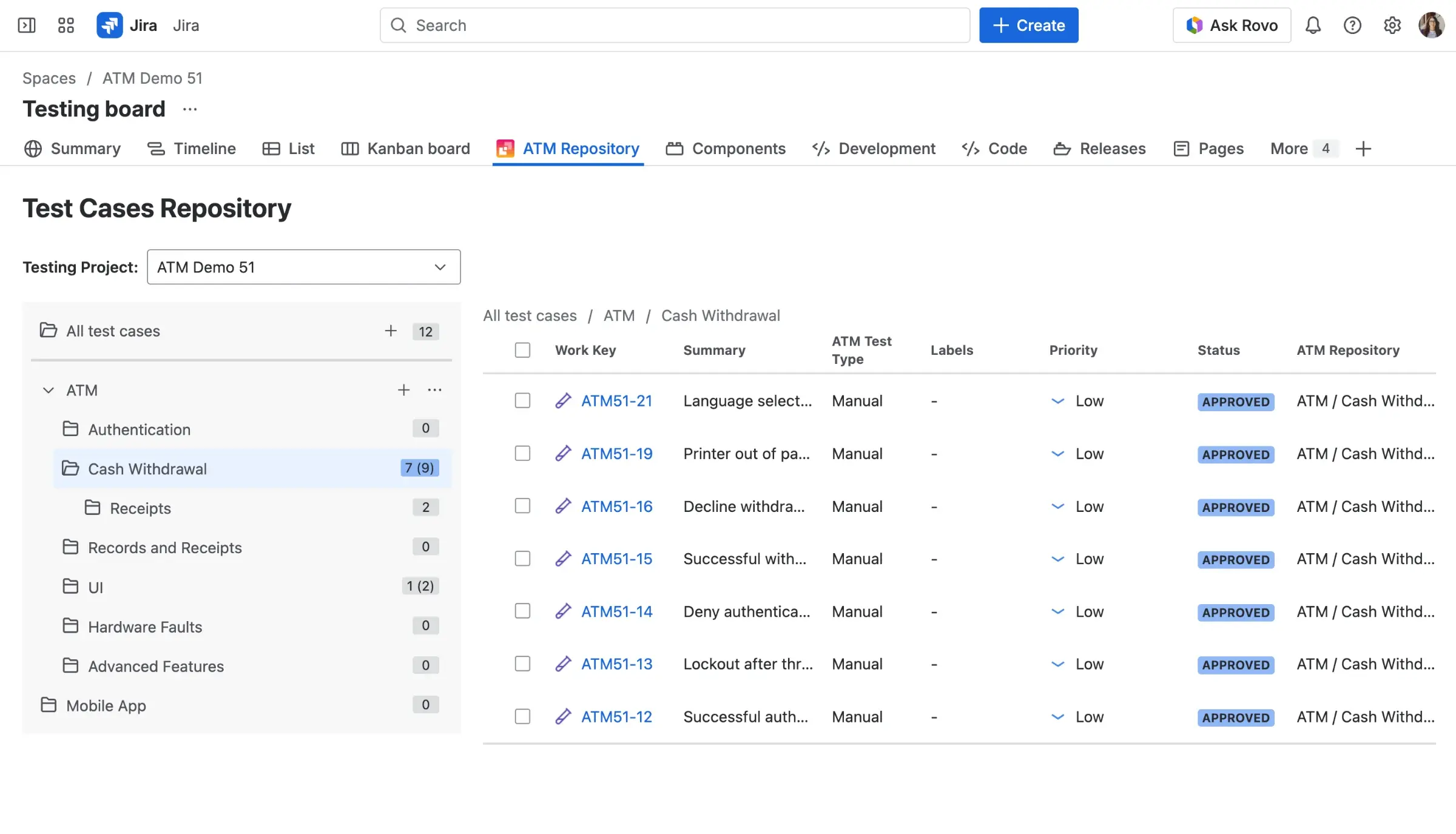 The ATM Repository view showing the folder tree on the left and a table of Test Cases on the right.