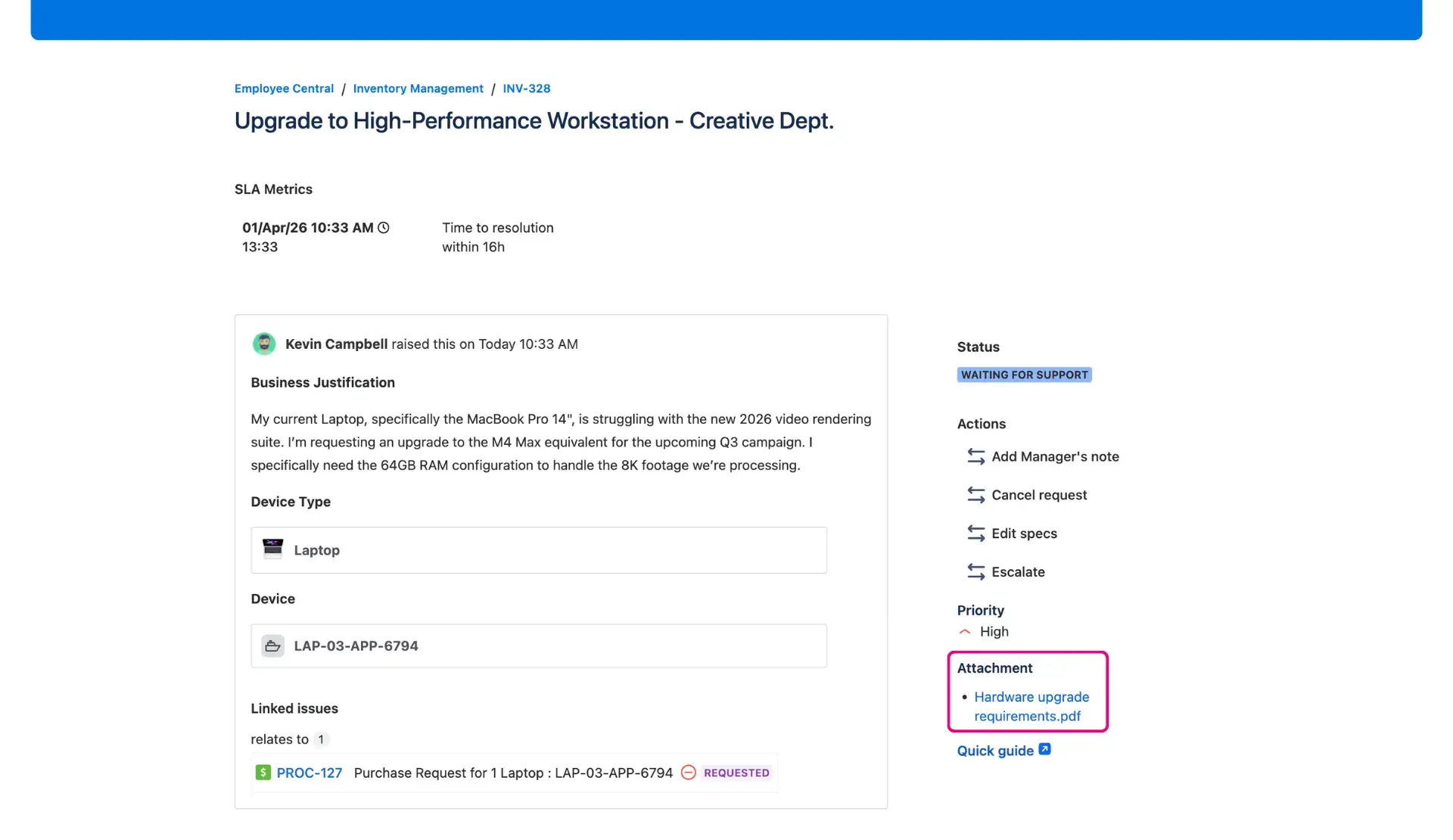 The configured Additional fields panel on the Jira Service Management customer portal - request details view. The Attachment field of the panel is highlighted.