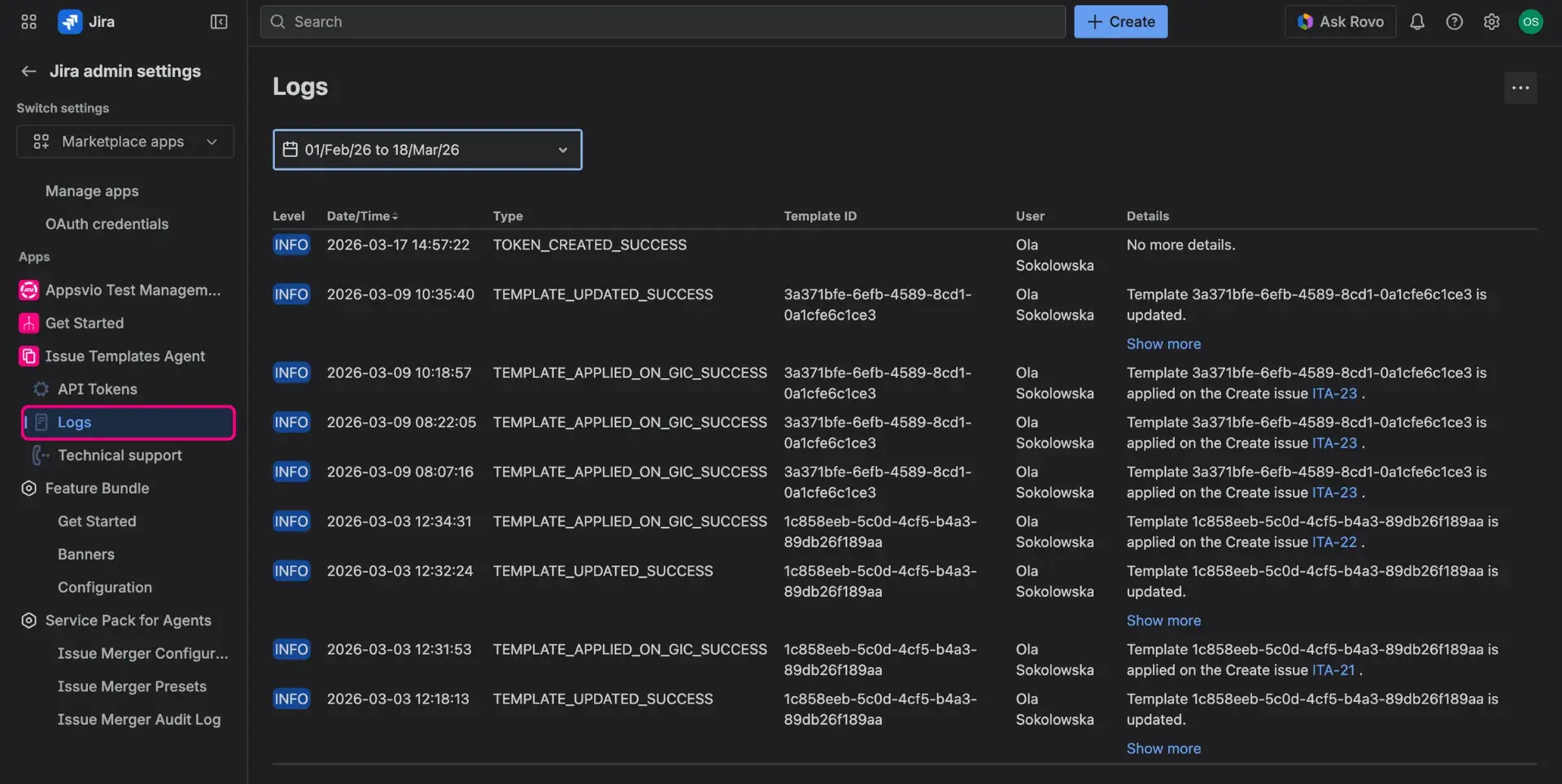 Audit log of Jira Issue Templates Agent in form of a table