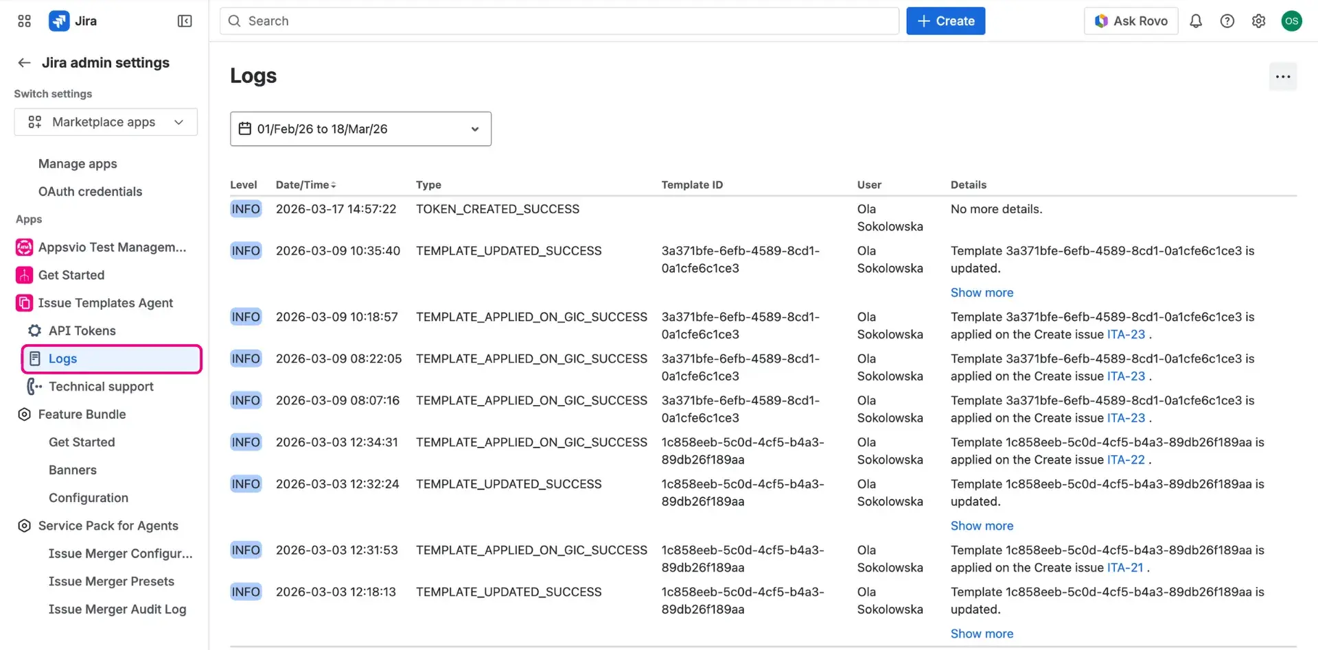Audit log of Jira Issue Templates Agent in form of a table