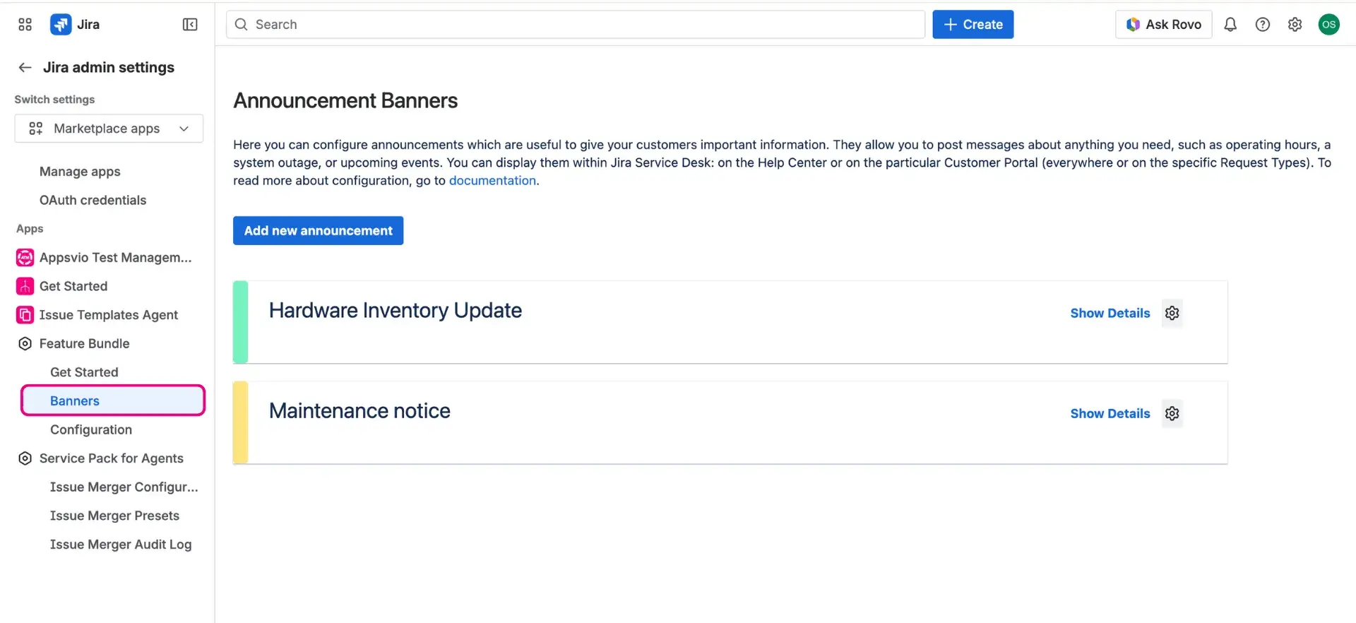 Annoucement banner configuration page in the Global settings - page available for selection in the left-side panel, under the Feature bundle section.