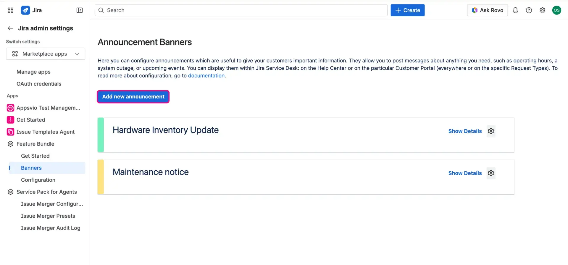 Annoucement banner configuration page - highlighting the Add new announcement button, available at the top of the page.