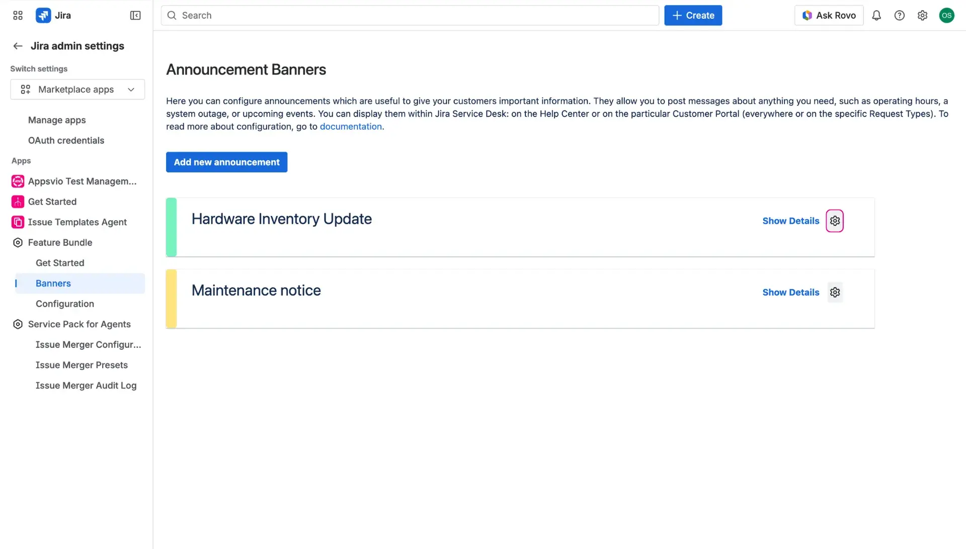 Annoucement banner page - managing banners with cog icon, available at every banner listing on this page.
