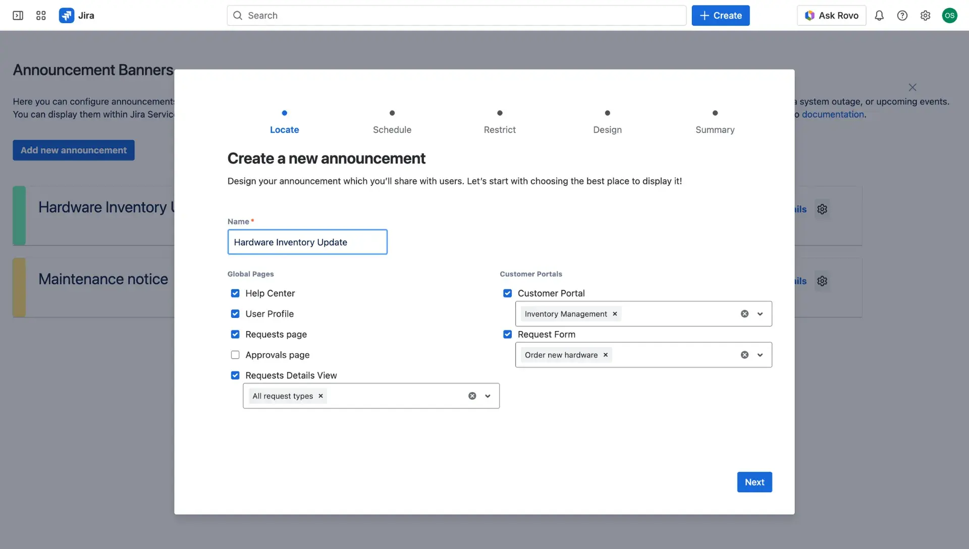 Annoucement banner configuration dialog window, the Location section.