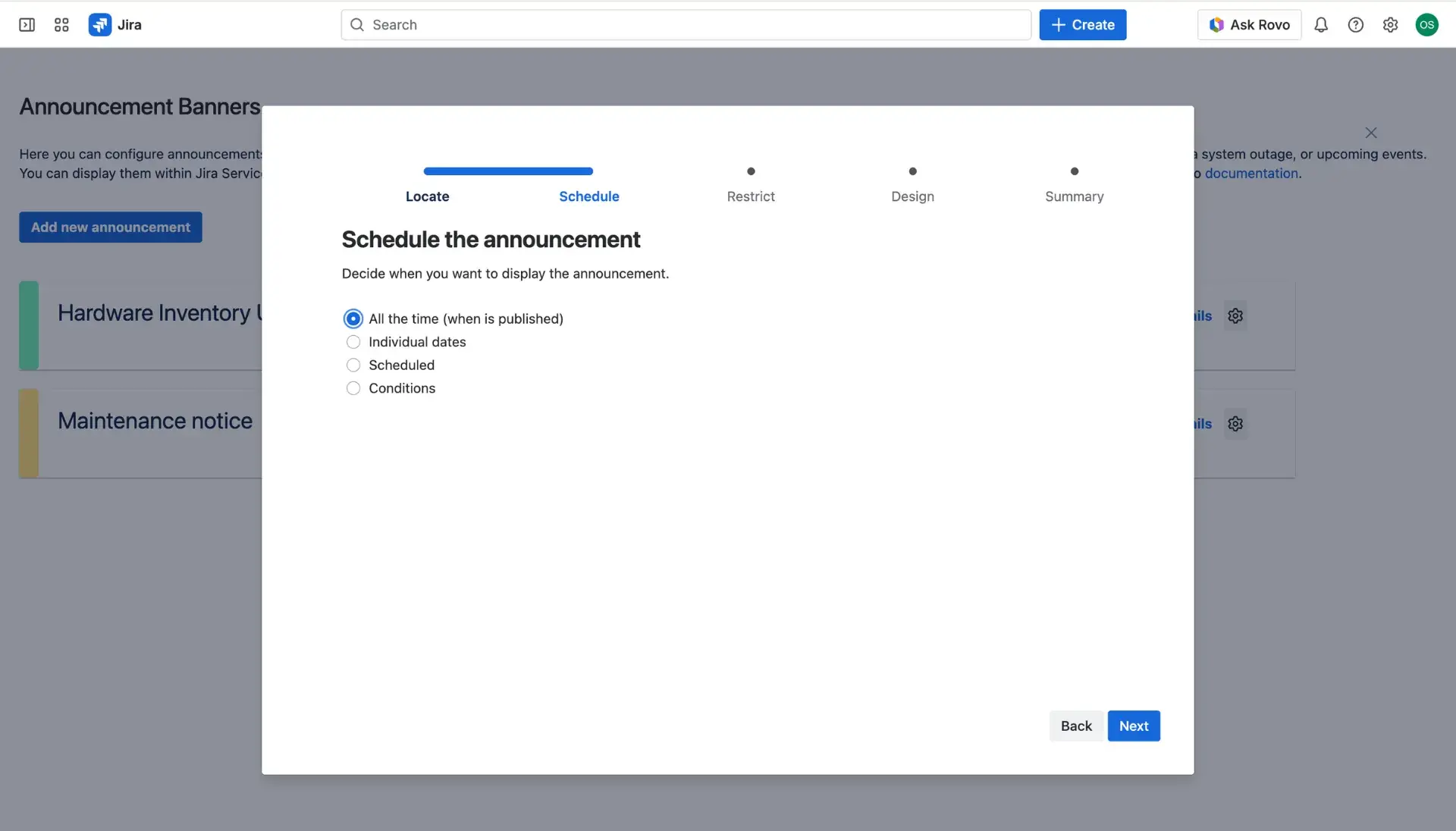 Annoucement banner configuration dialog window, the Schedule section.