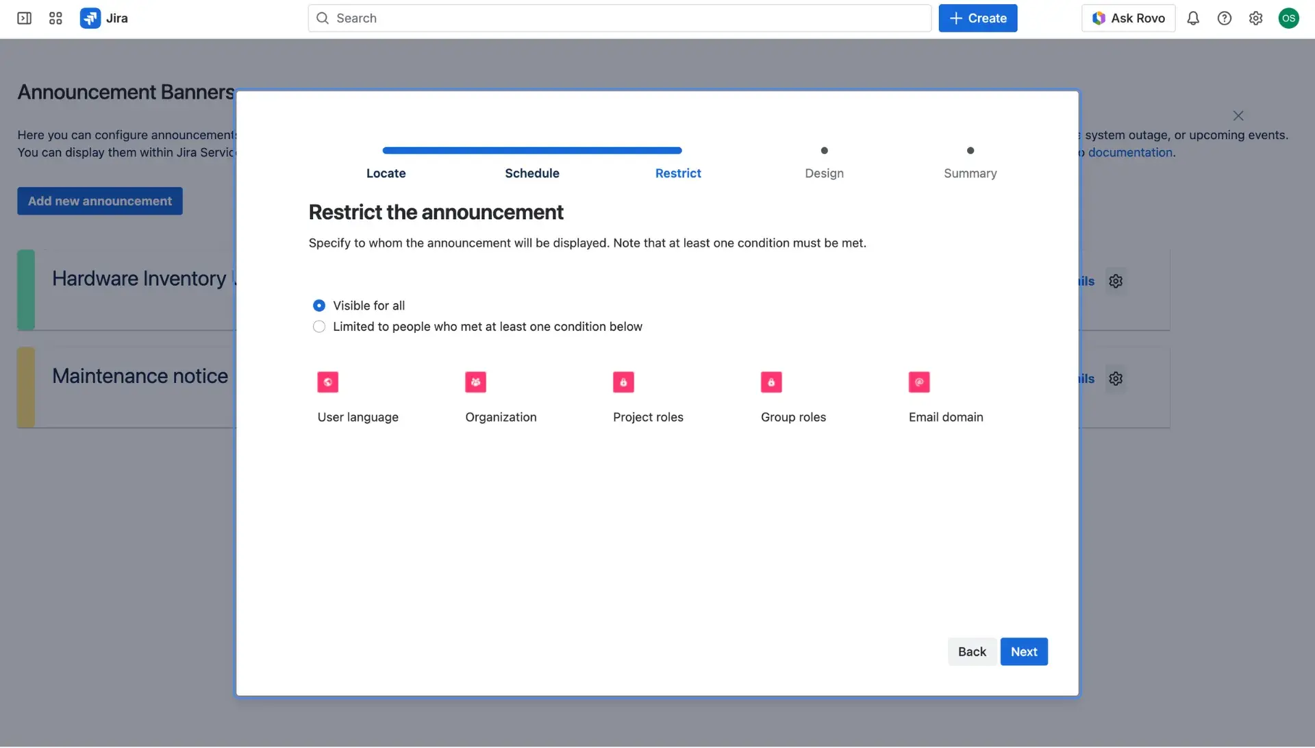 Annoucement banner configuration dialog window, the Restriction section.