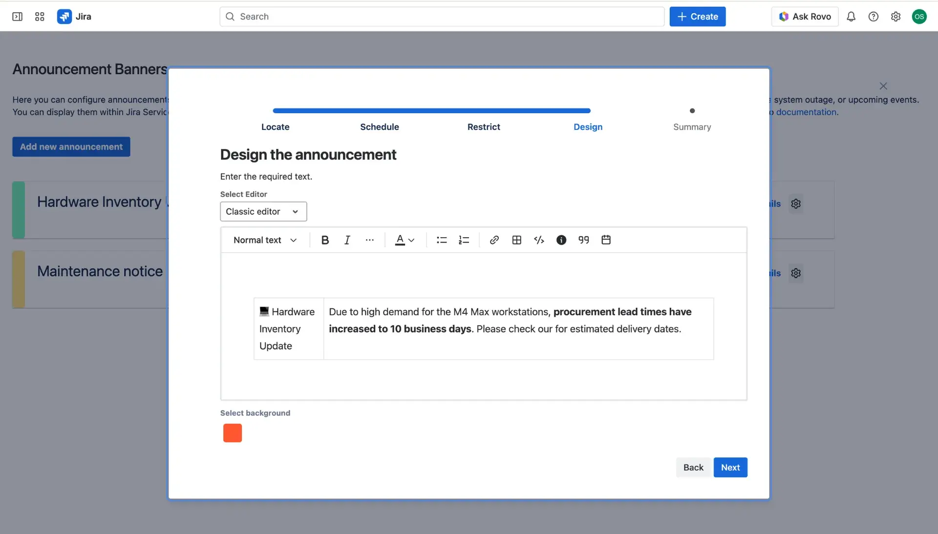 Annoucement banner configuration dialog window, the Design section.