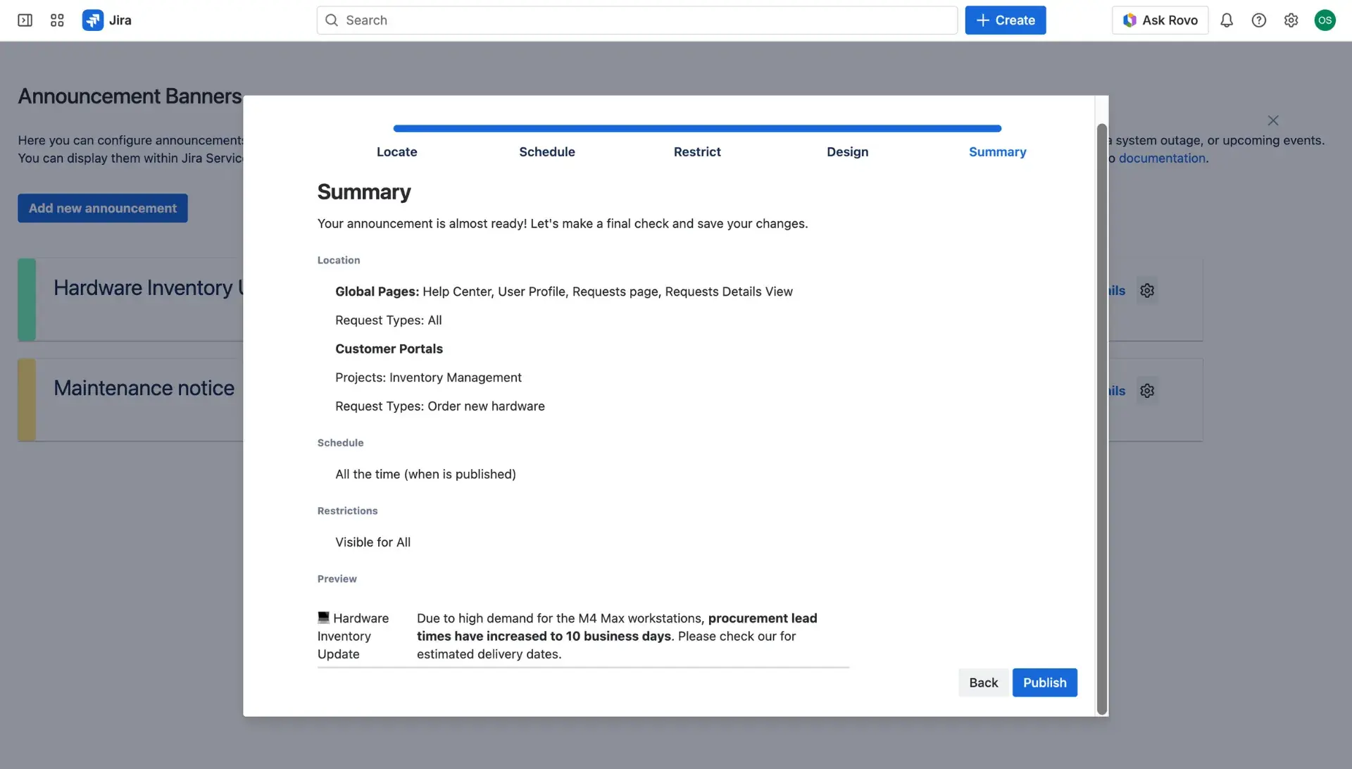 Annoucement banner configuration dialog window, the Summary section.