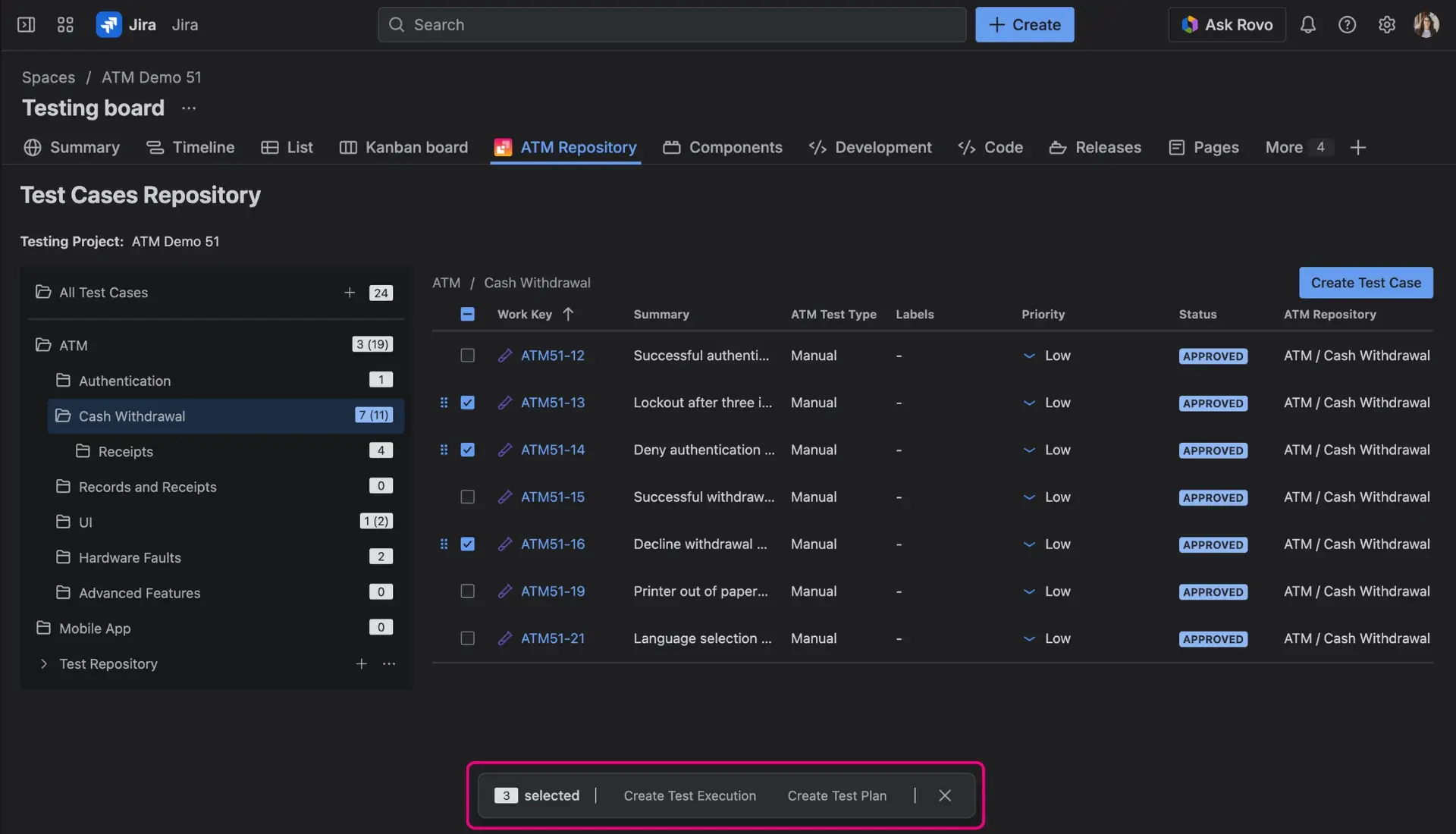The Test Repository table with multiple test cases selected and a floating action menu at the bottom showing options to create a Test Execution or Test Plan.