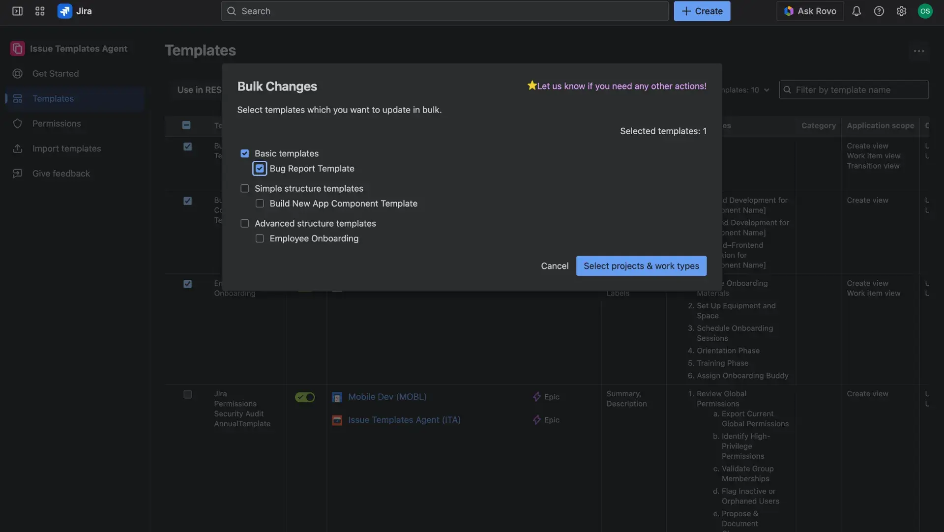 Bulk edits dialog window with selected issue templates listed - users checkmark and verufy their project and issue type selection.