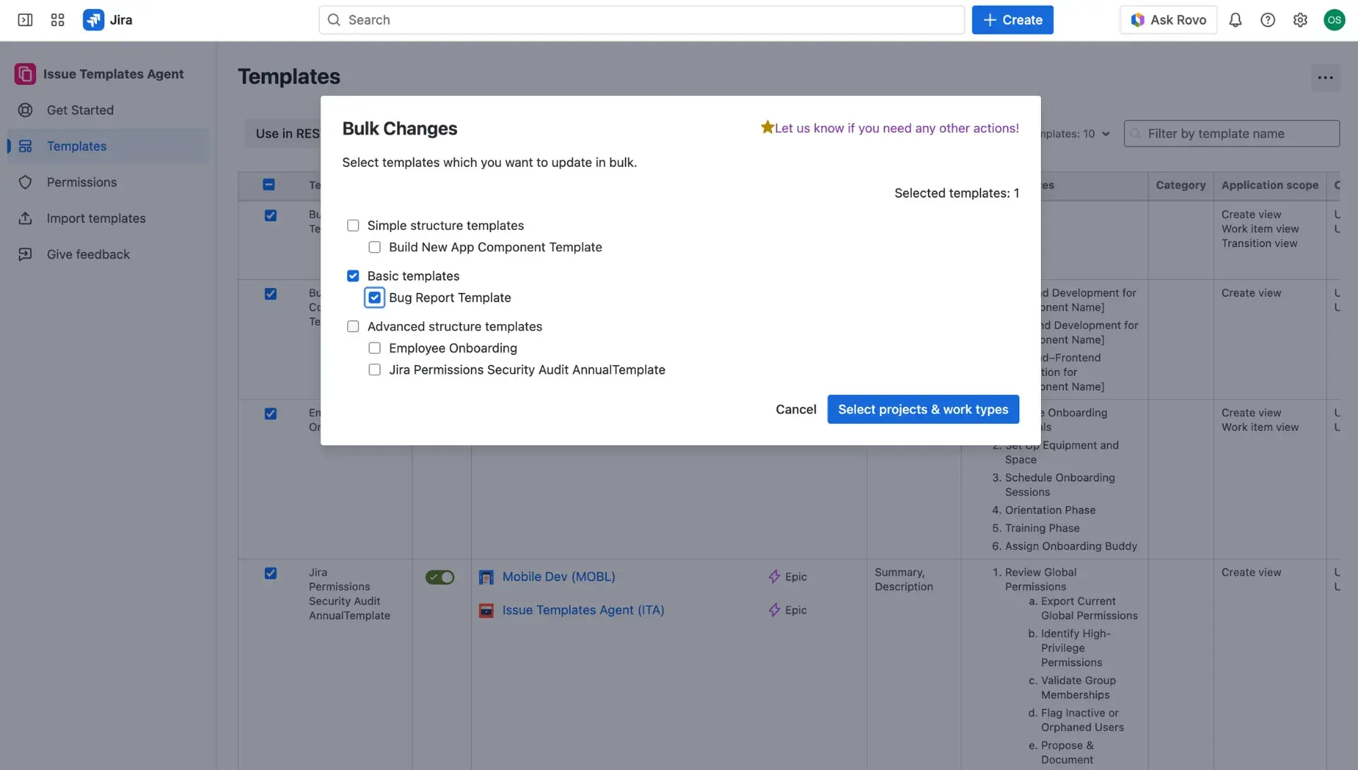 Bulk edits dialog window with selected issue templates listed - users checkmark and verufy their project and issue type selection.