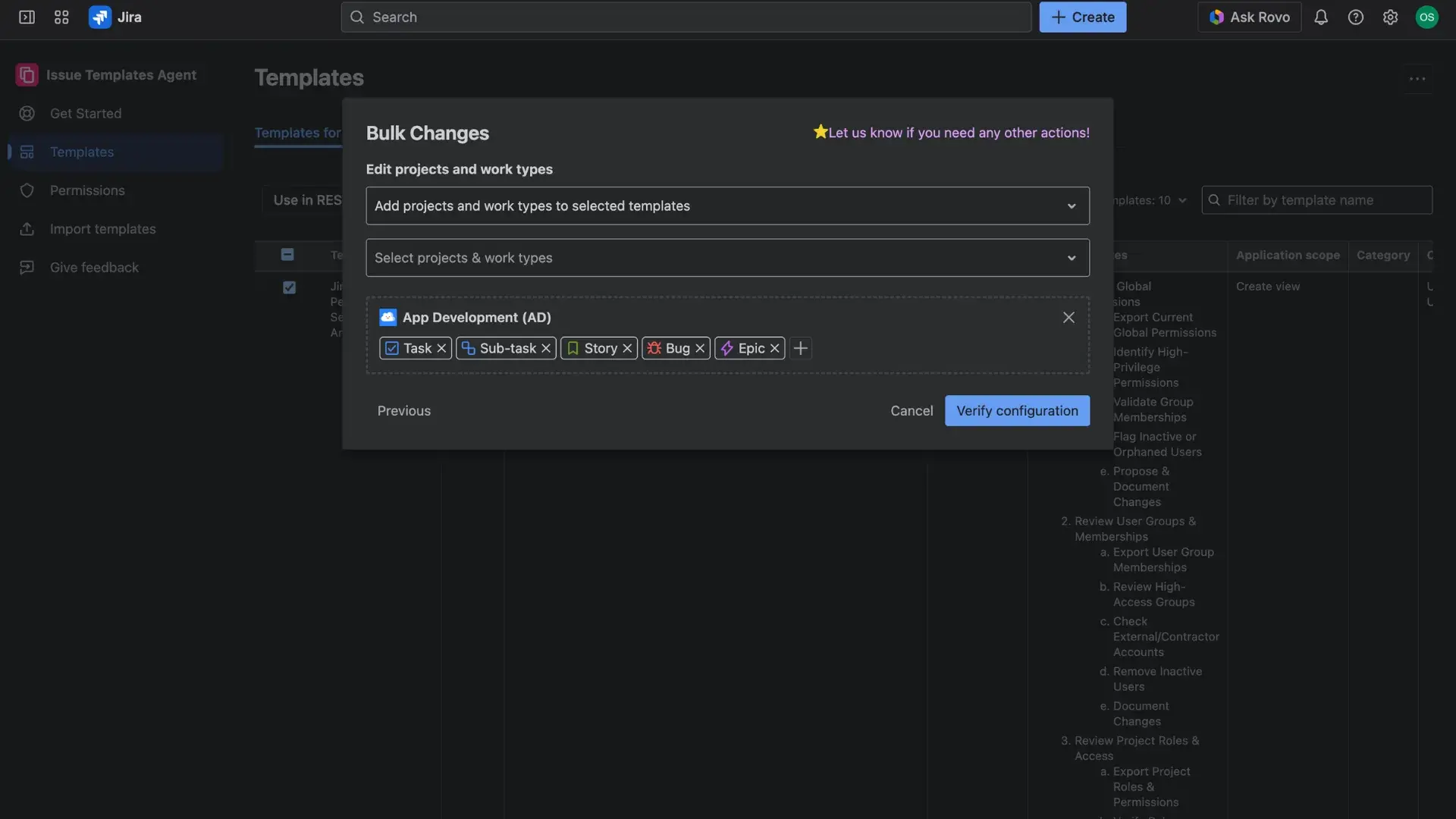 Bulk edits dialog window for making changes in Jira issue templates - dropdown menu portrays two options: either add or remove from selected templates. In the field below the menu users can verify to which issue types should this change apply.