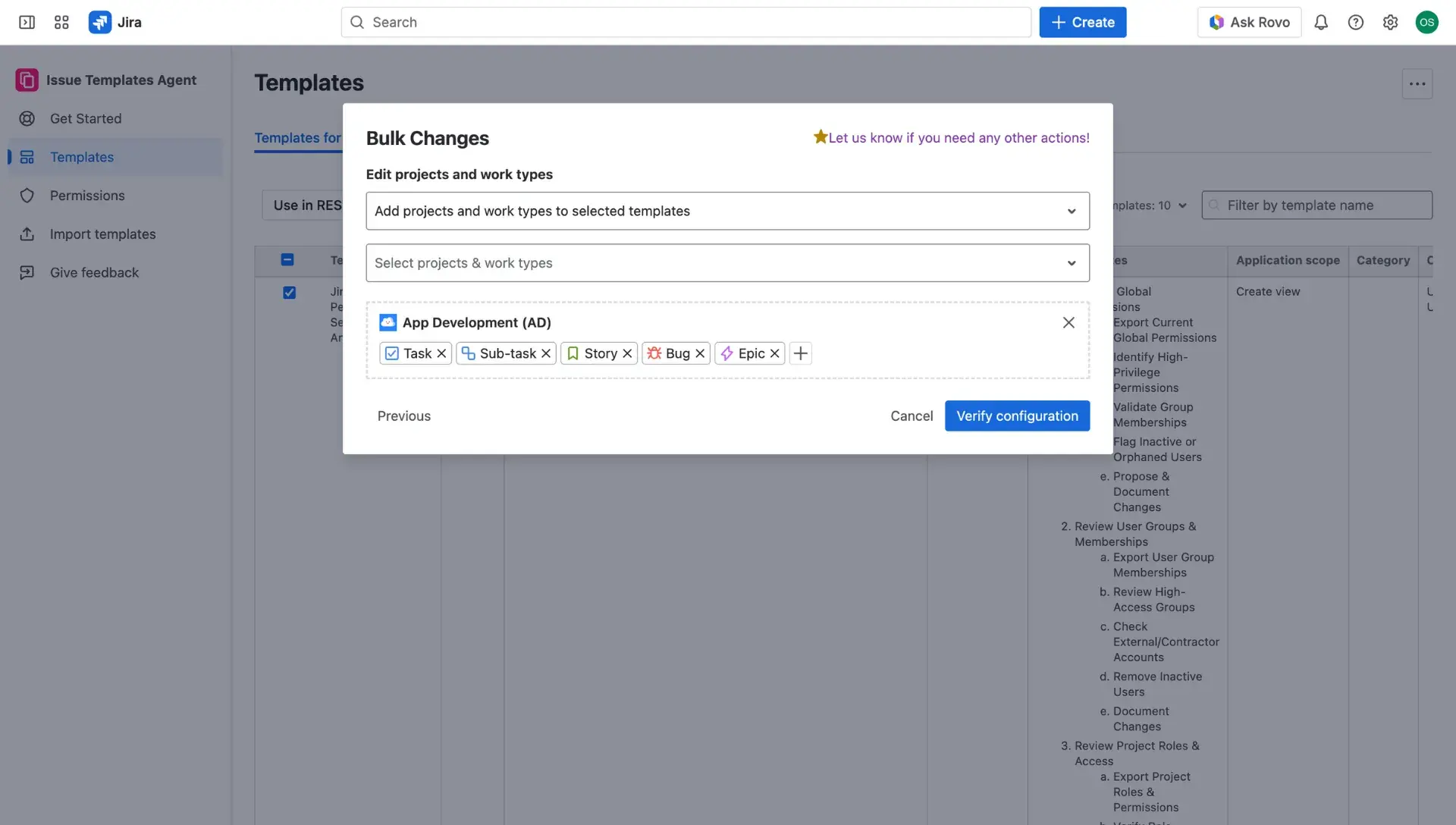 Bulk edits dialog window for making changes in Jira issue templates - dropdown menu portrays two options: either add or remove from selected templates. In the field below the menu users can verify to which issue types should this change apply.