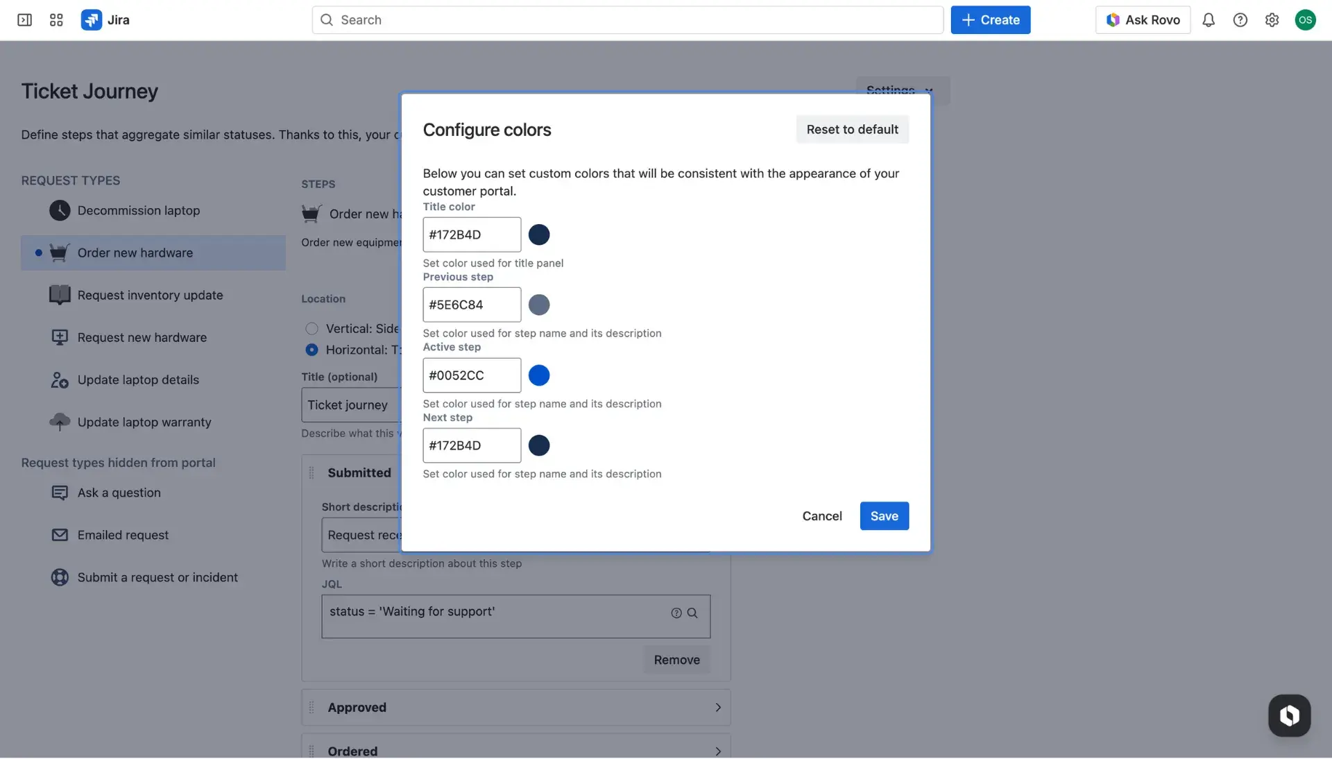 Image of the Ticket journey configuration page, the color configuration dialog window - each step colour can be defined by the HEX code.