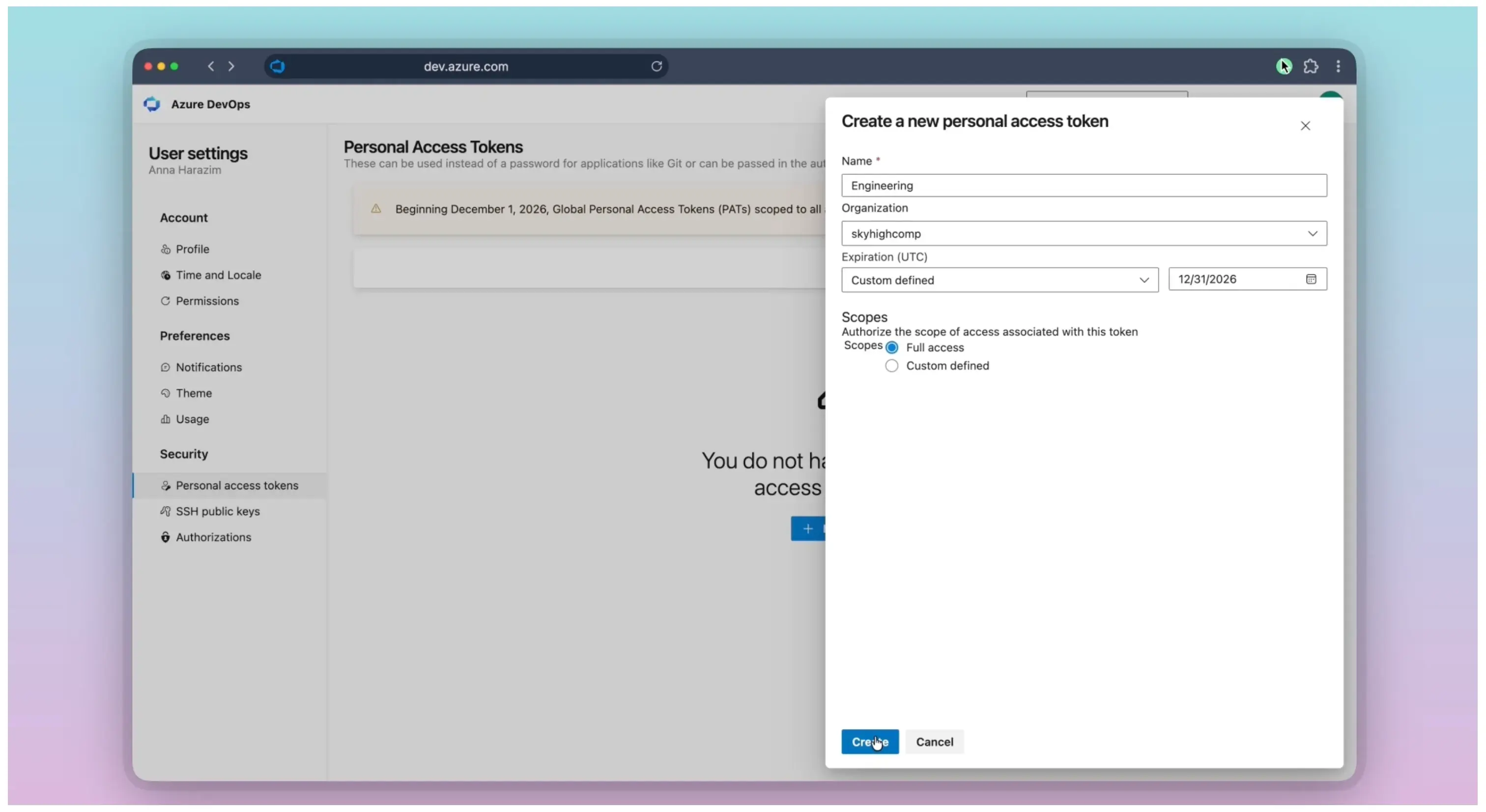 Select create a new personal access token