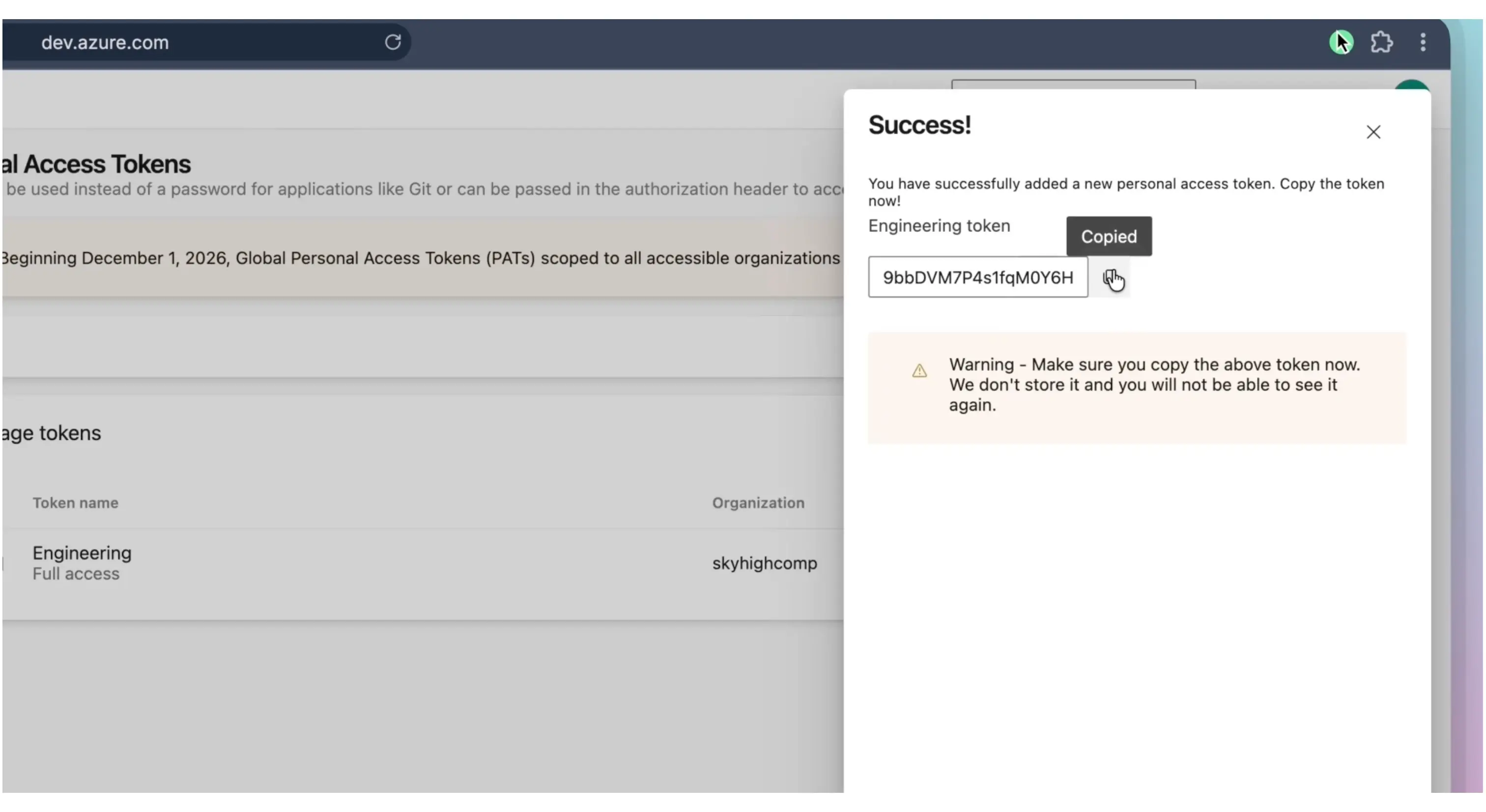 Your new personal access token was copied
