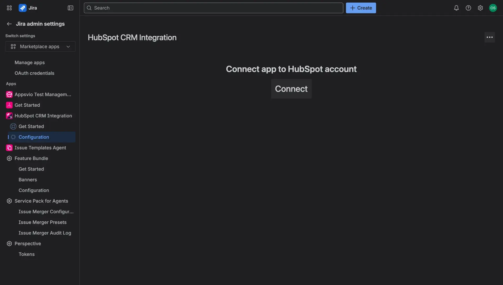 HubSpot CRM Integration for Jira screen (view from the Manage apps section) - establishing connection with a HubSpot instance.