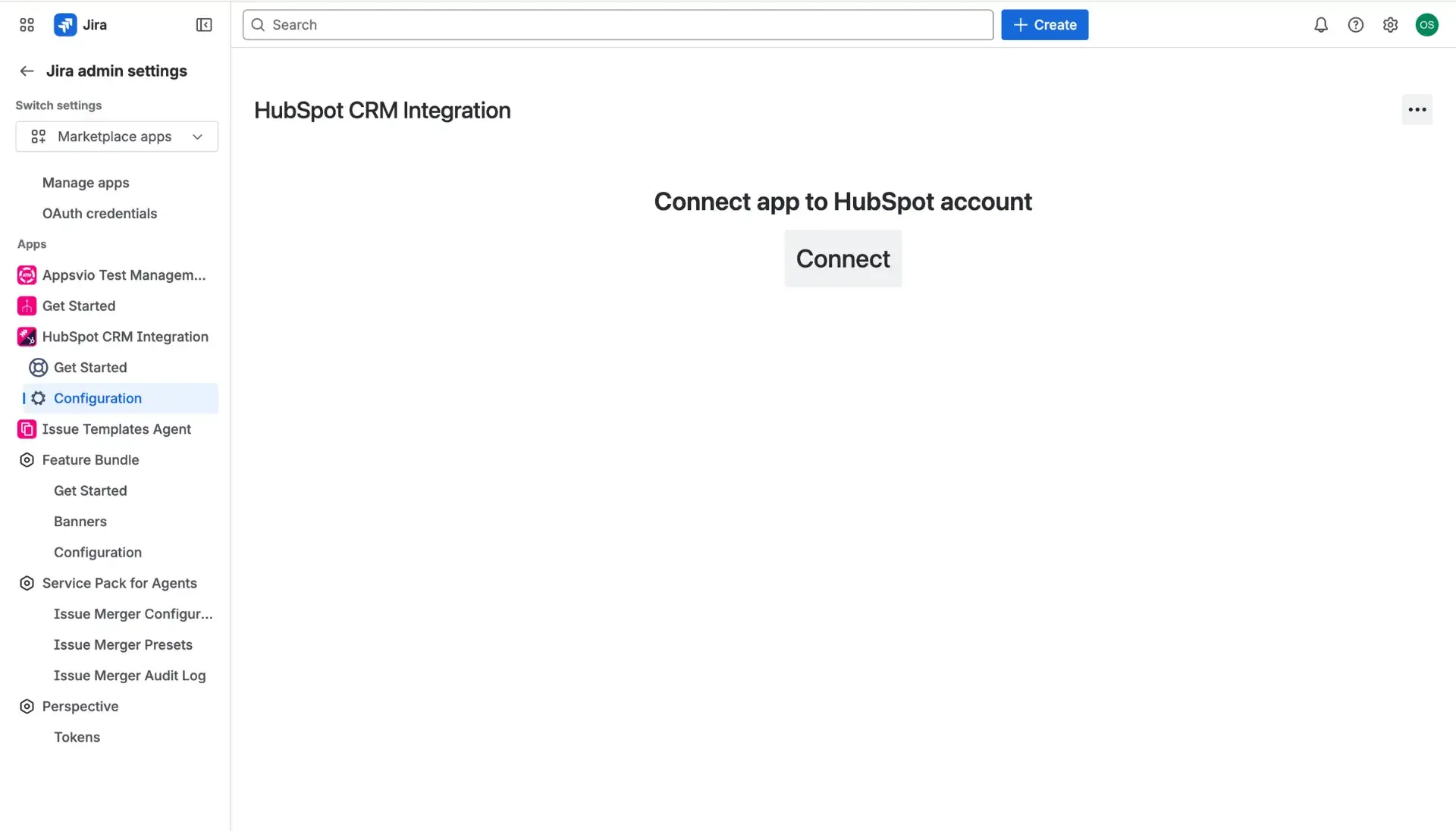 HubSpot CRM Integration for Jira screen (view from the Manage apps section) - establishing connection with a HubSpot instance.