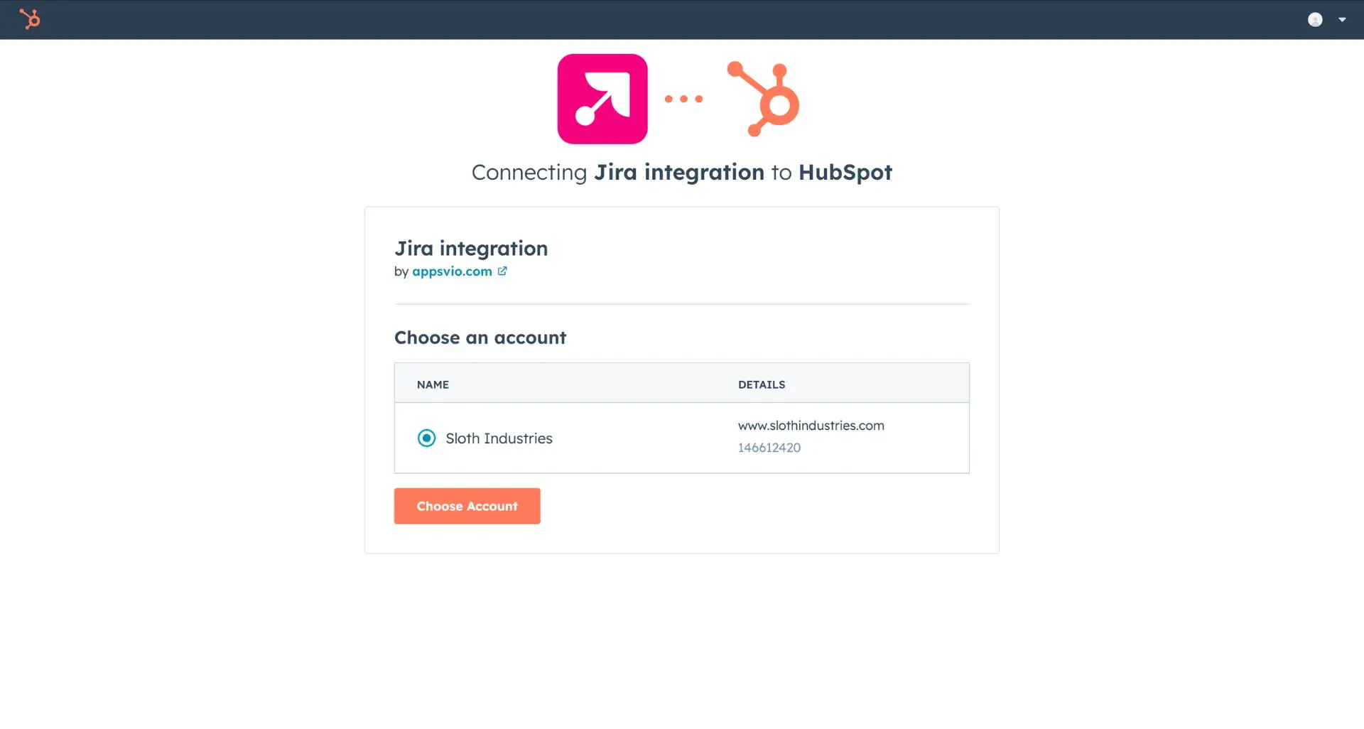 Connecting Jira with a HubSpot instance - a view from HubSpot. Users select the account and integrate the platforms.