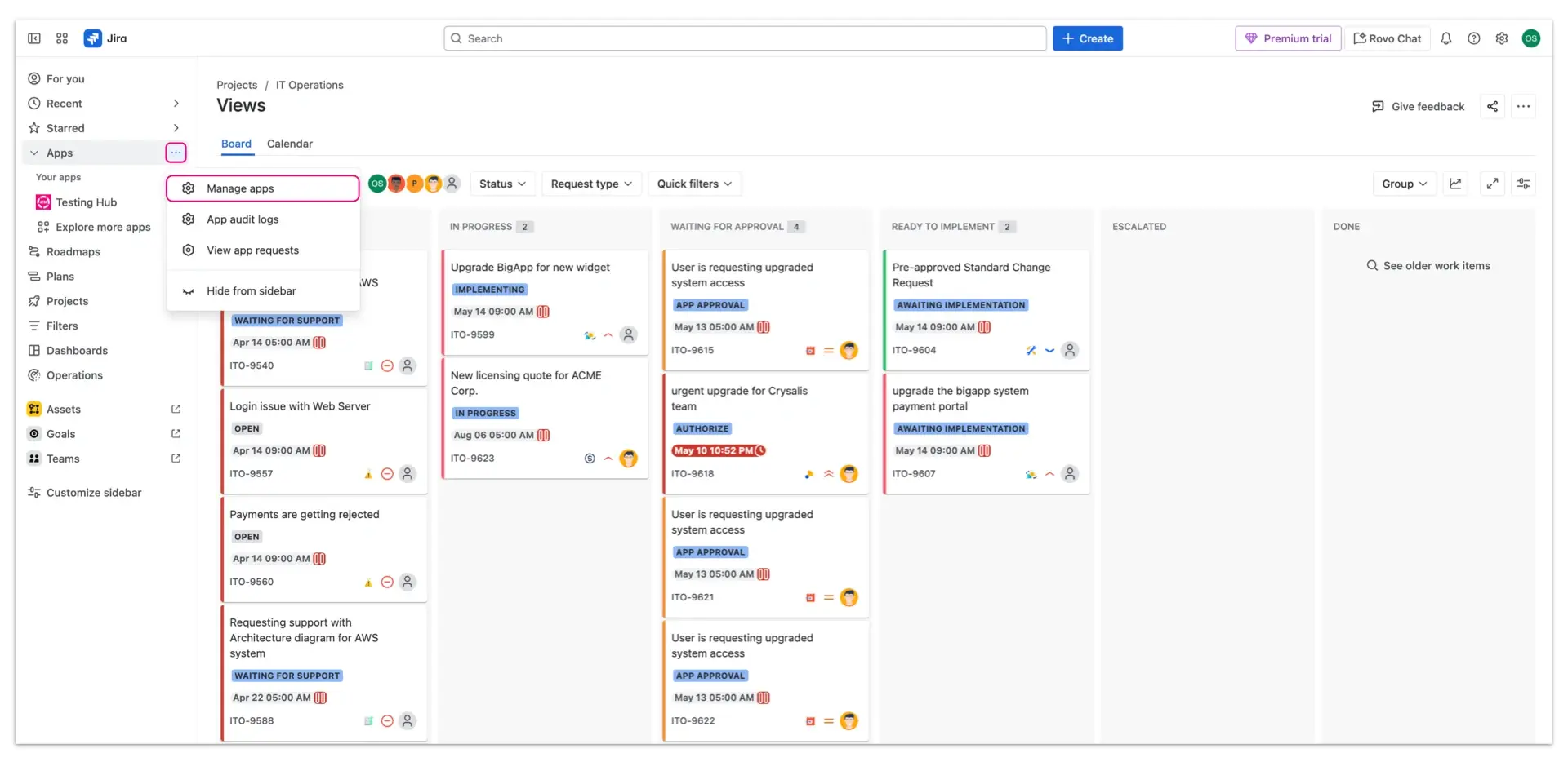 Screenshot of Jira project board with highlighted options going into Apps and Manage apps sections
