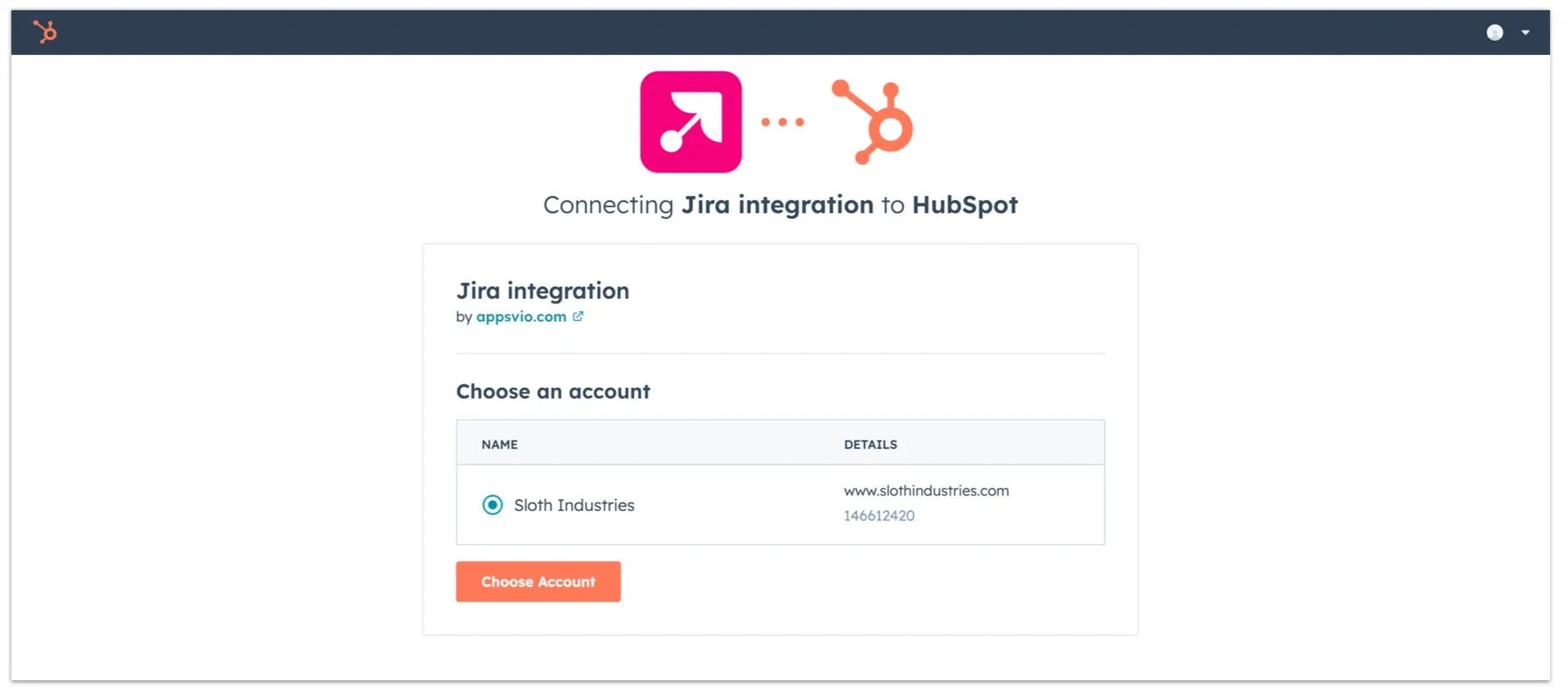 Connecting Jira with a HubSpot instance - a view from HubSpot. Users select the account and integrate the platforms
