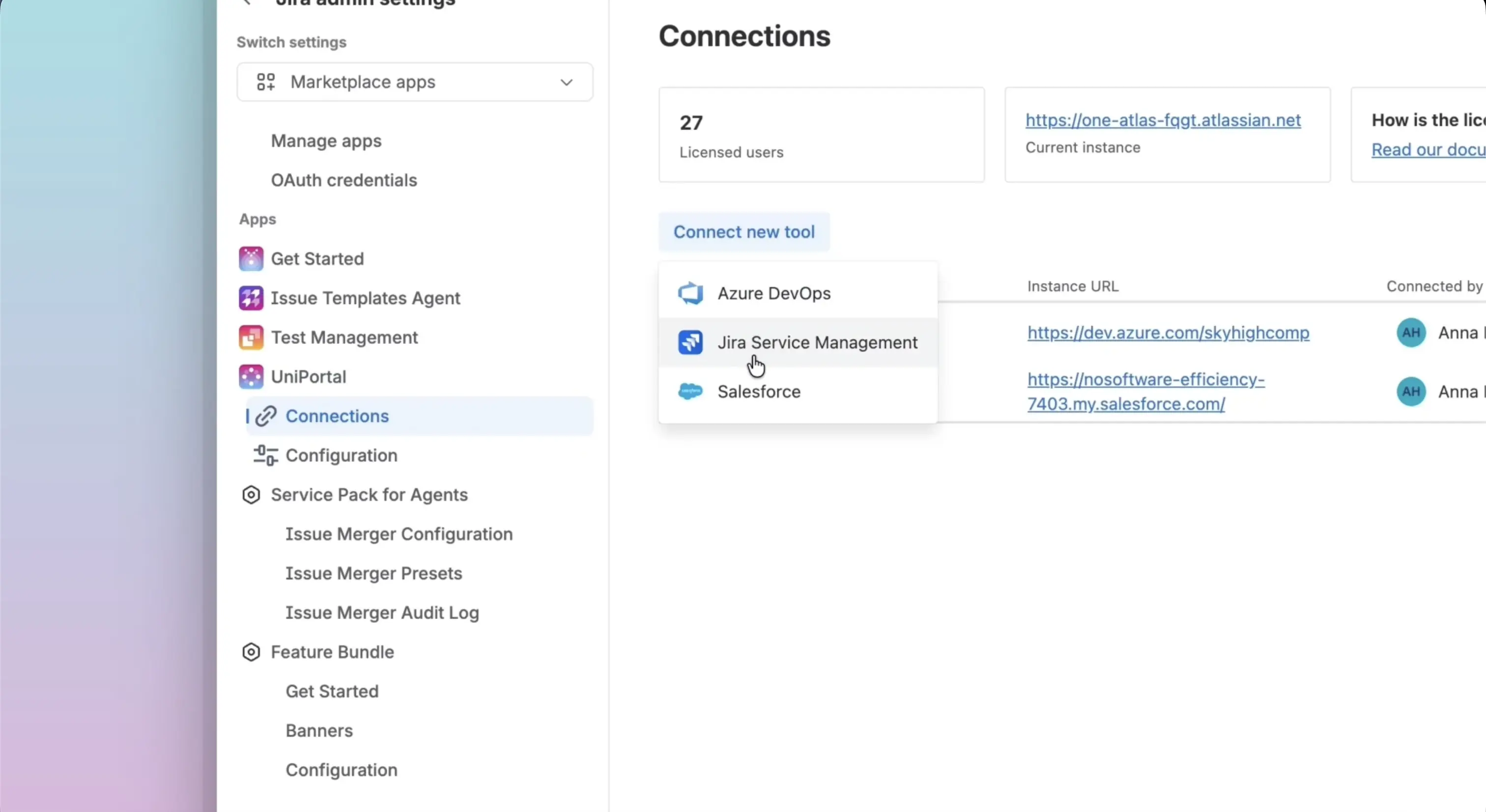 Connect new tool Azure DevOps or Jira Service Management or Salesforce.