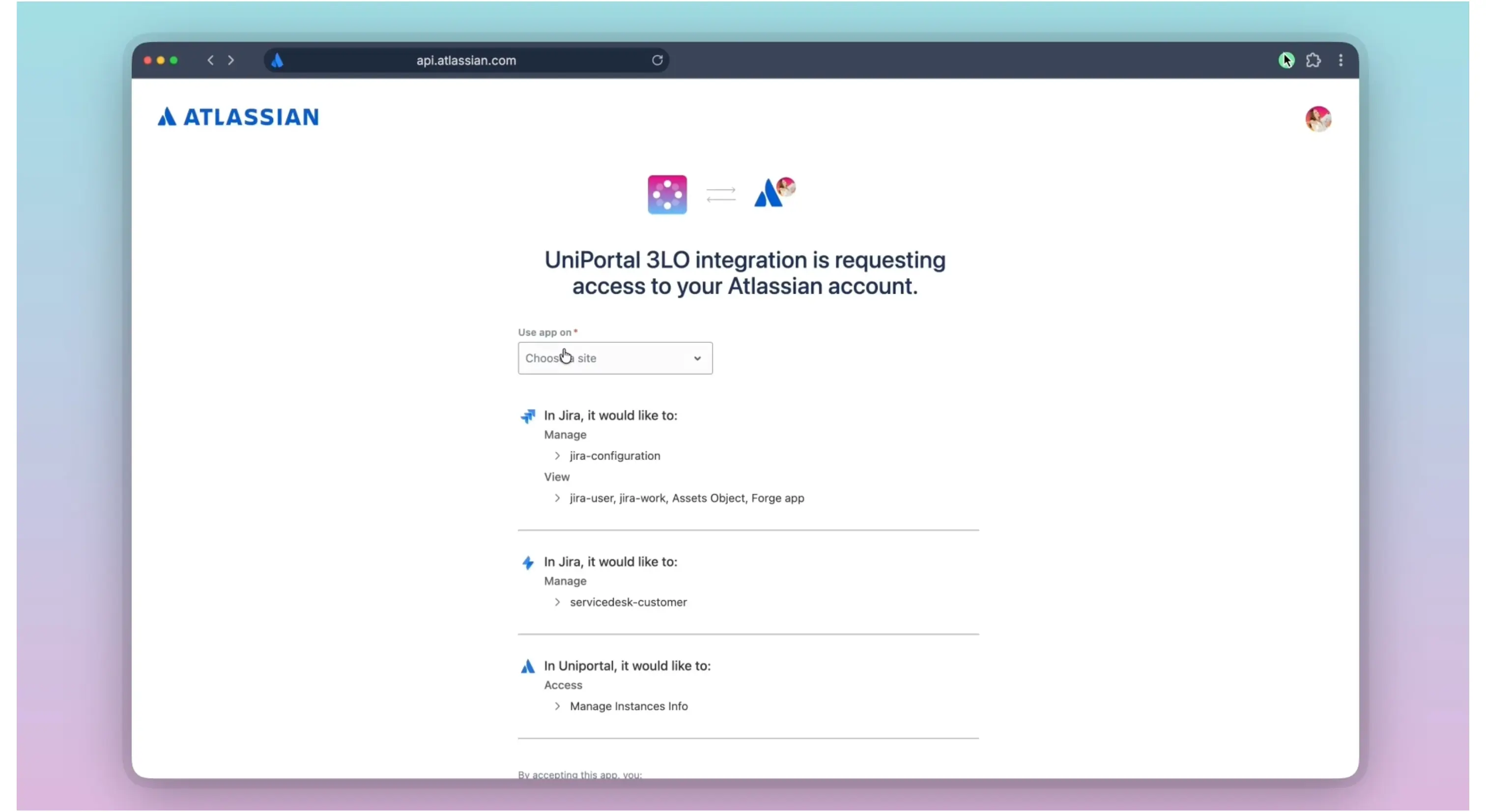 UniPortal 3LO integration is requesting access to your Atlassian account.