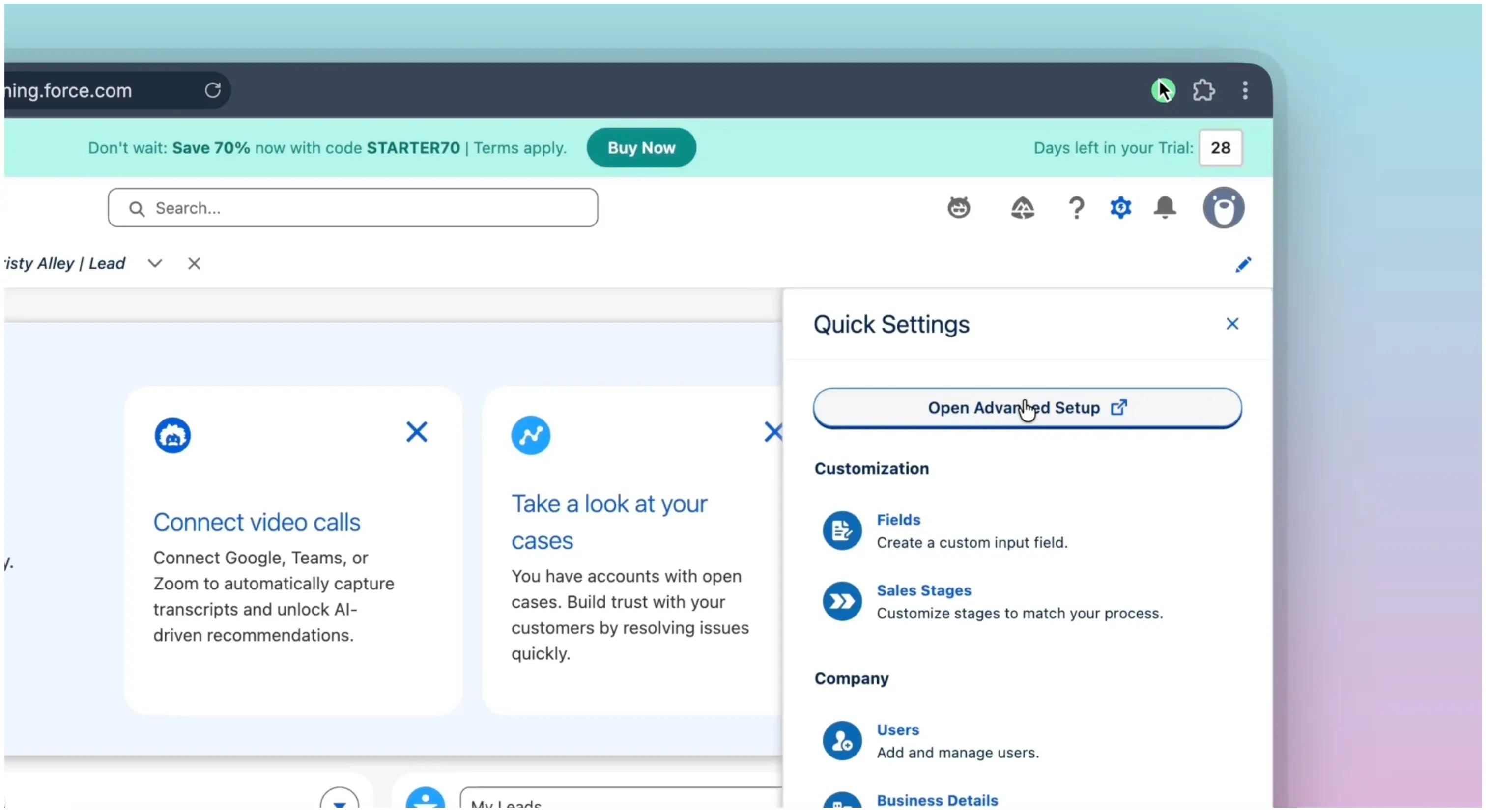 Open Advanced Setup in Salesforce settings