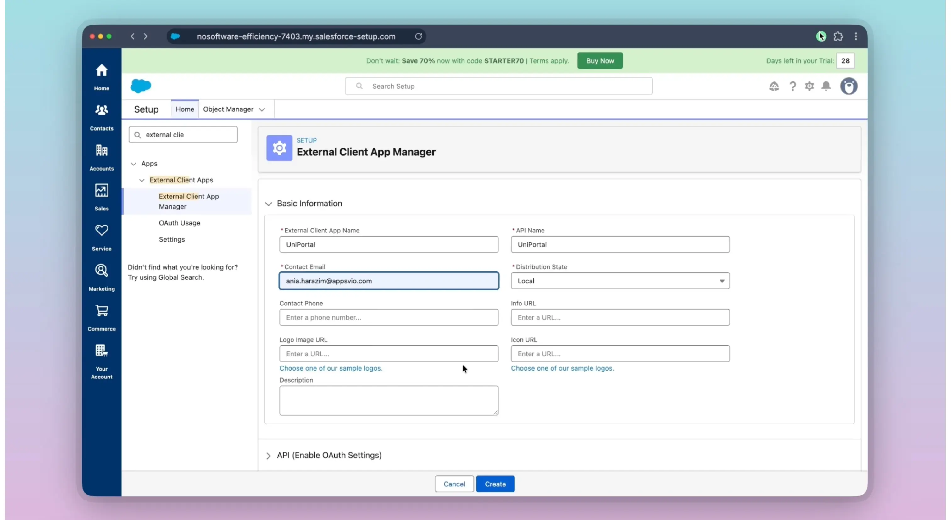 Provide your app information in Salesforce settings