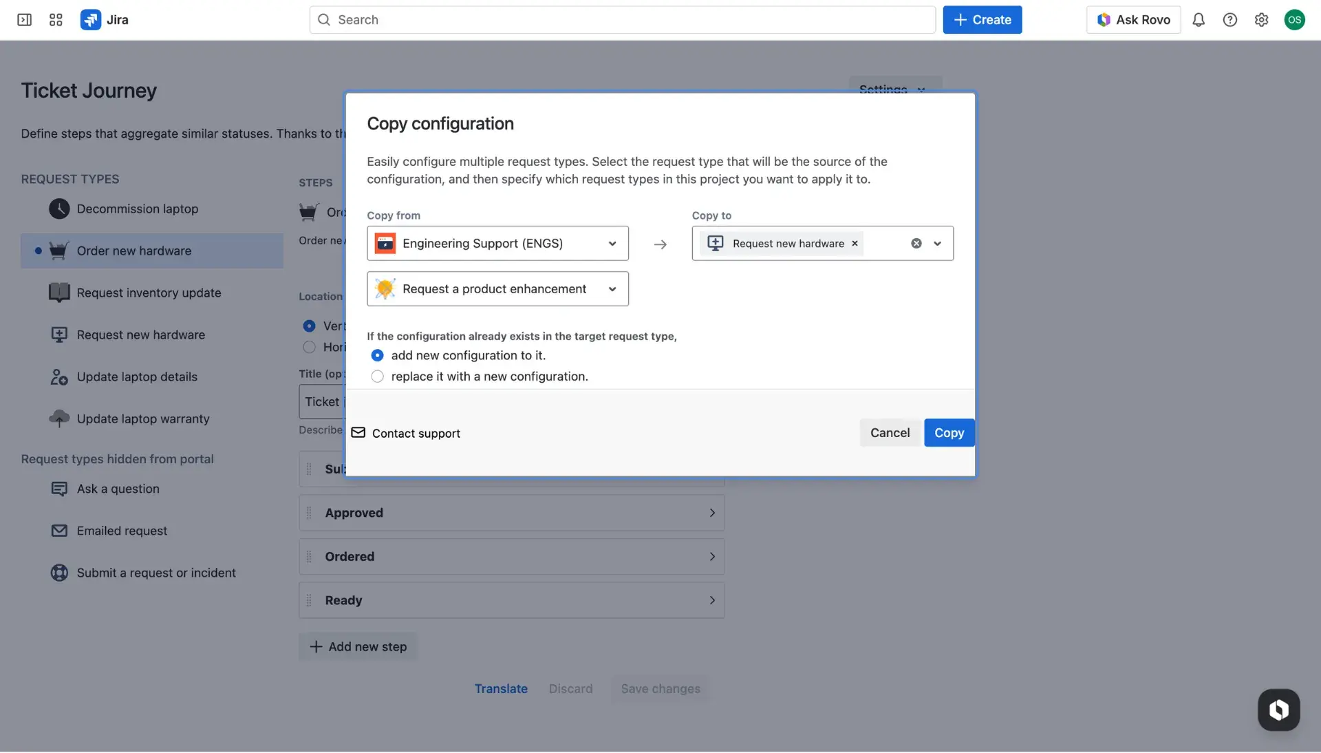 Image of the Ticket journey configuration page - the Copy congiration dialog window.
