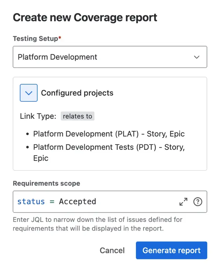Filtering options within the Jira test coverage tool to group results by component, priority, or fix version for better traceability.