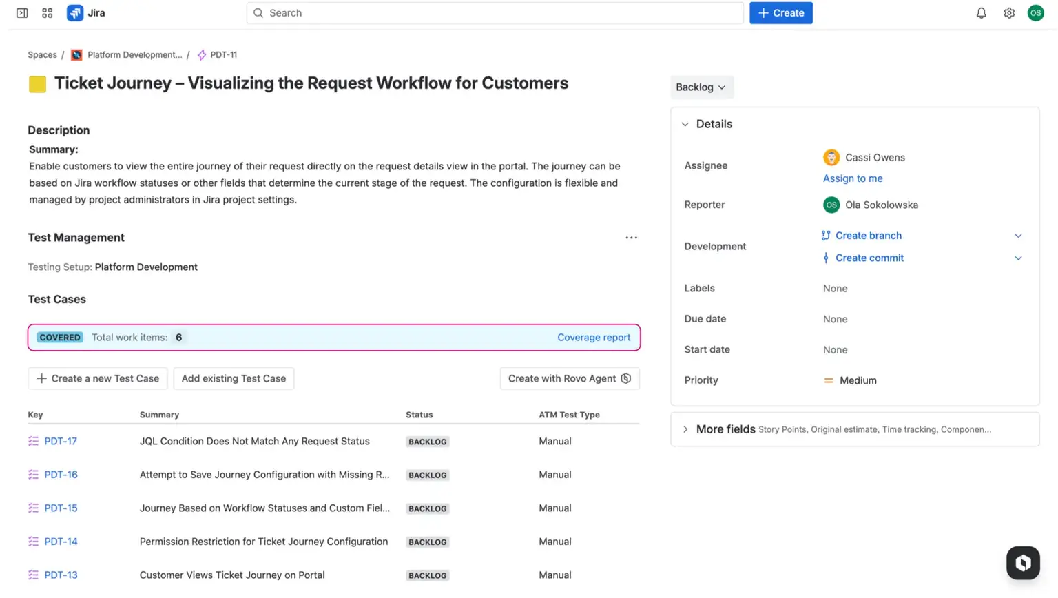 The final traceability matrix Jira view, ensuring every requirement is accounted for and identifying gaps in the testing lifecycle.