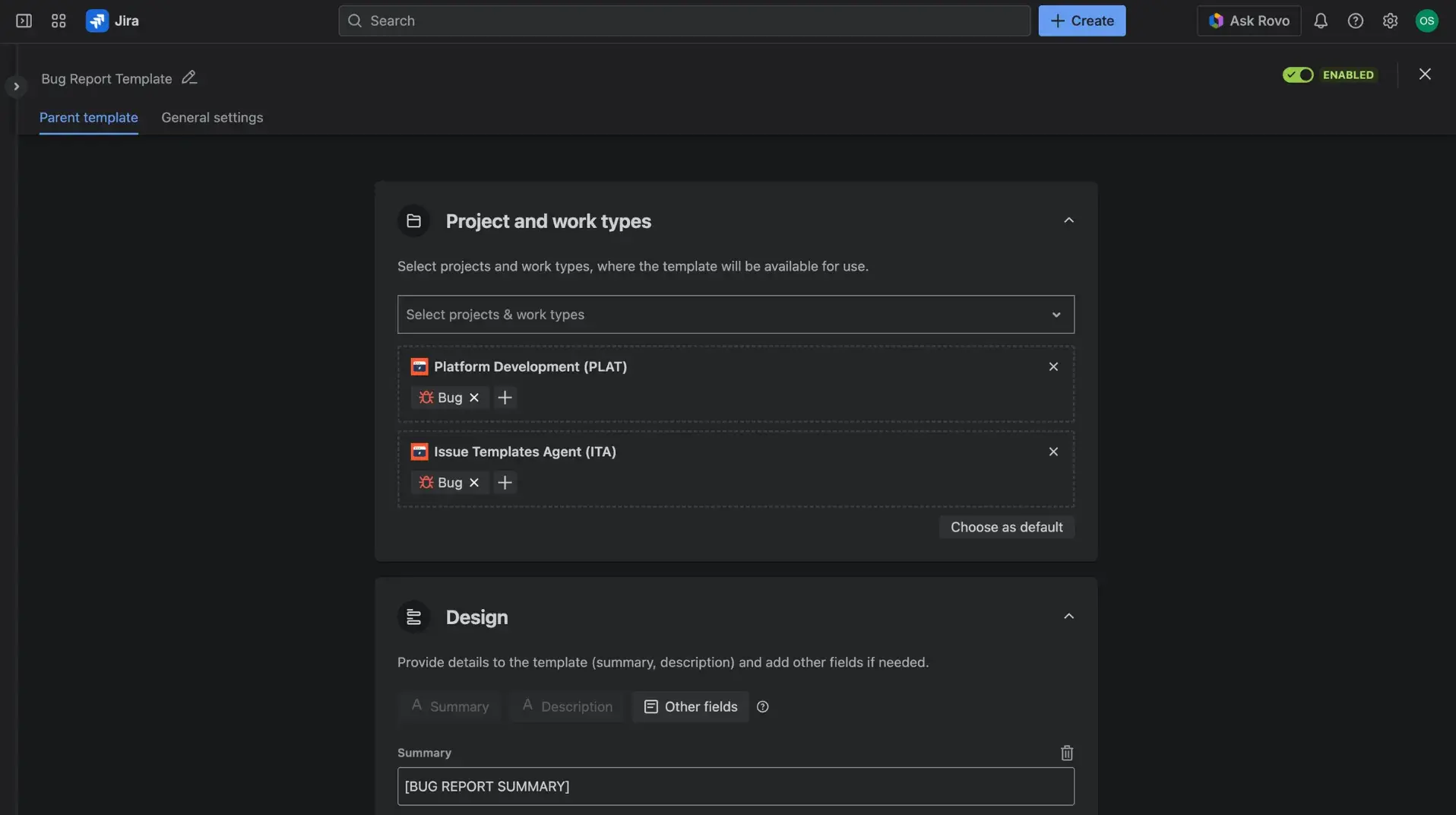 Configuration page of the basic Jira issue template.
