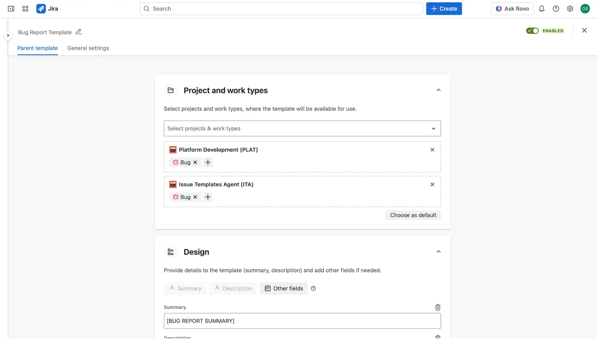 Configuration page of the basic Jira issue template.