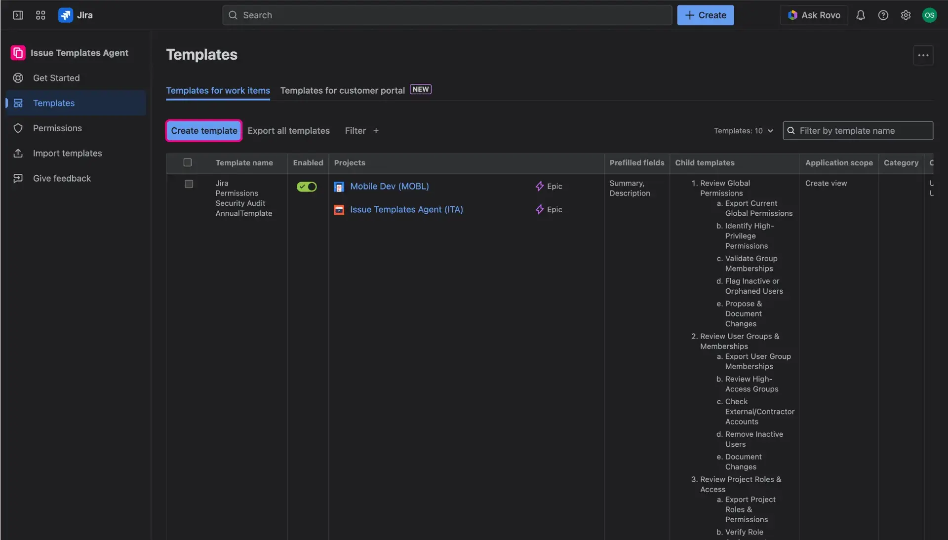 Create templates button above the table on the Templates library page.