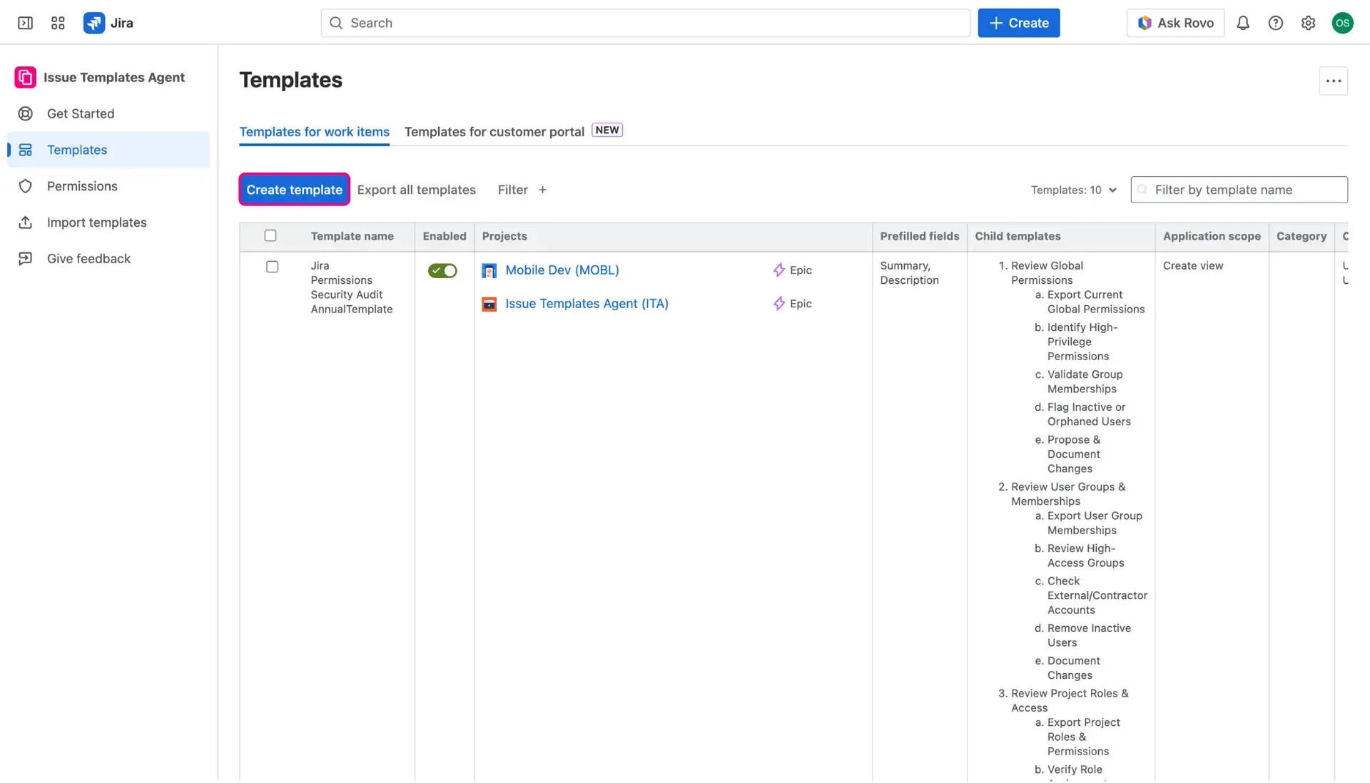 Create templates button above the table on the Templates library page.