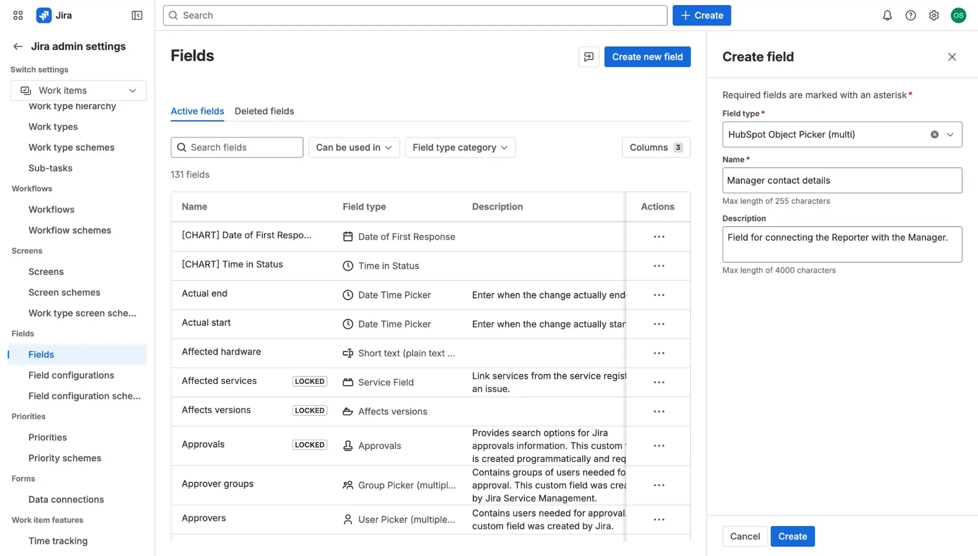 Creating a new HubSpot custom field. Two options of HubSpot Jira integration custom fields - single or multi-picker.