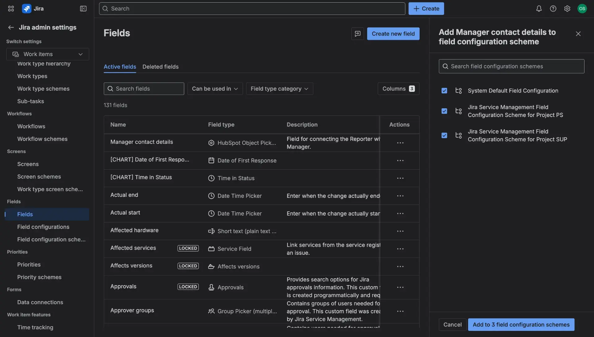 Creating a custom field screen - associating the HubSpot Jira integration custom field with specific screens in Jira.