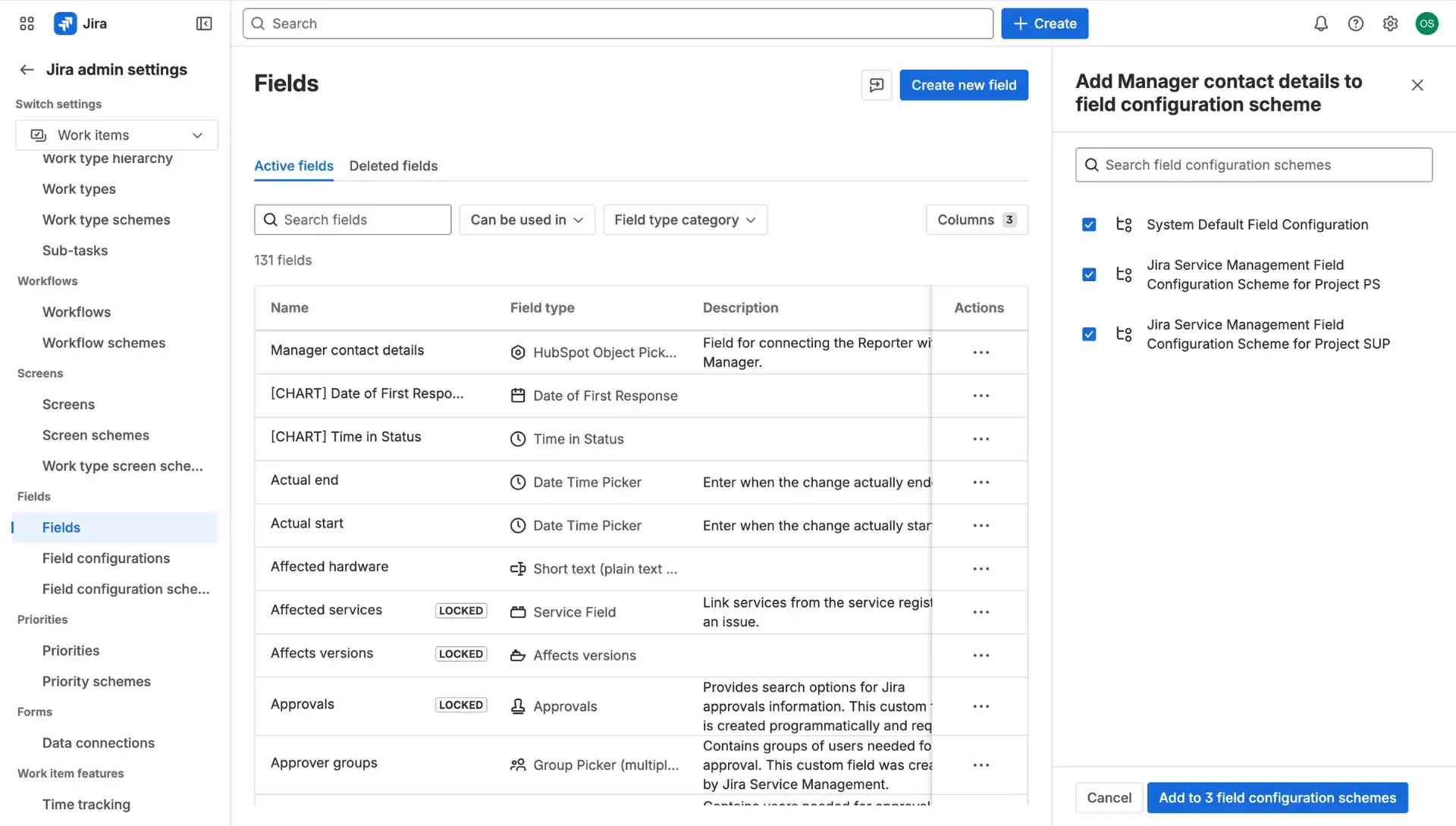 Creating a custom field screen - associating the HubSpot Jira integration custom field with specific screens in Jira.