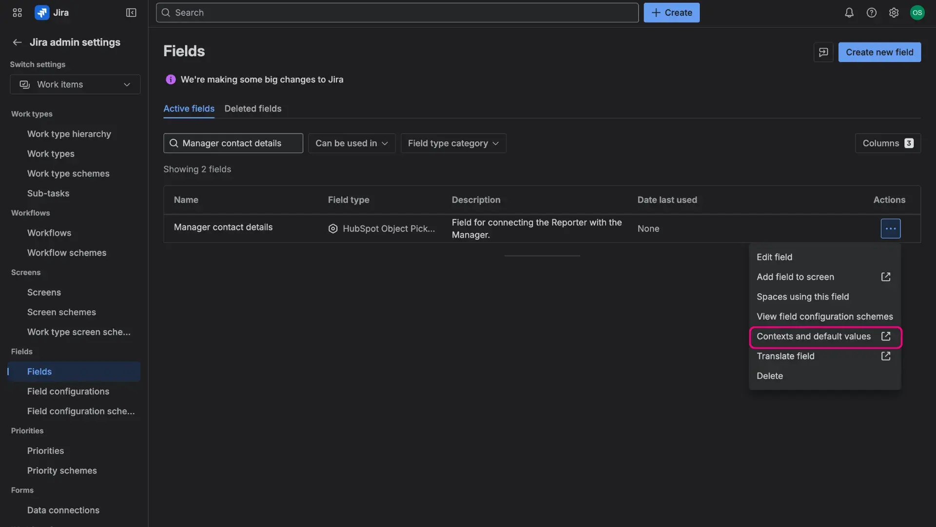 Accessing the context of the newly created custom field by clicking on the context link in the custom list.