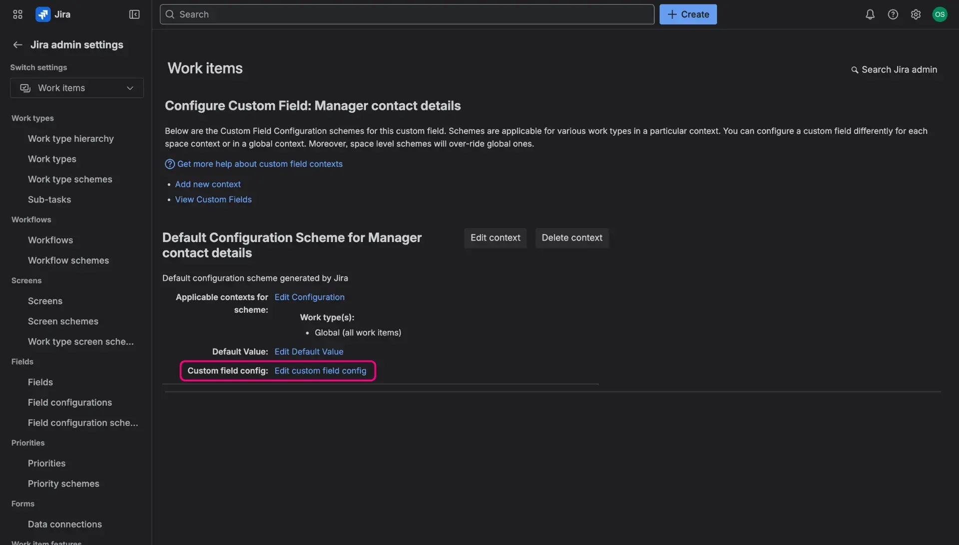 Editing the context of the HubSpot Jira integration custom field - graphic of a screen for accesing the custom configuration of the field.